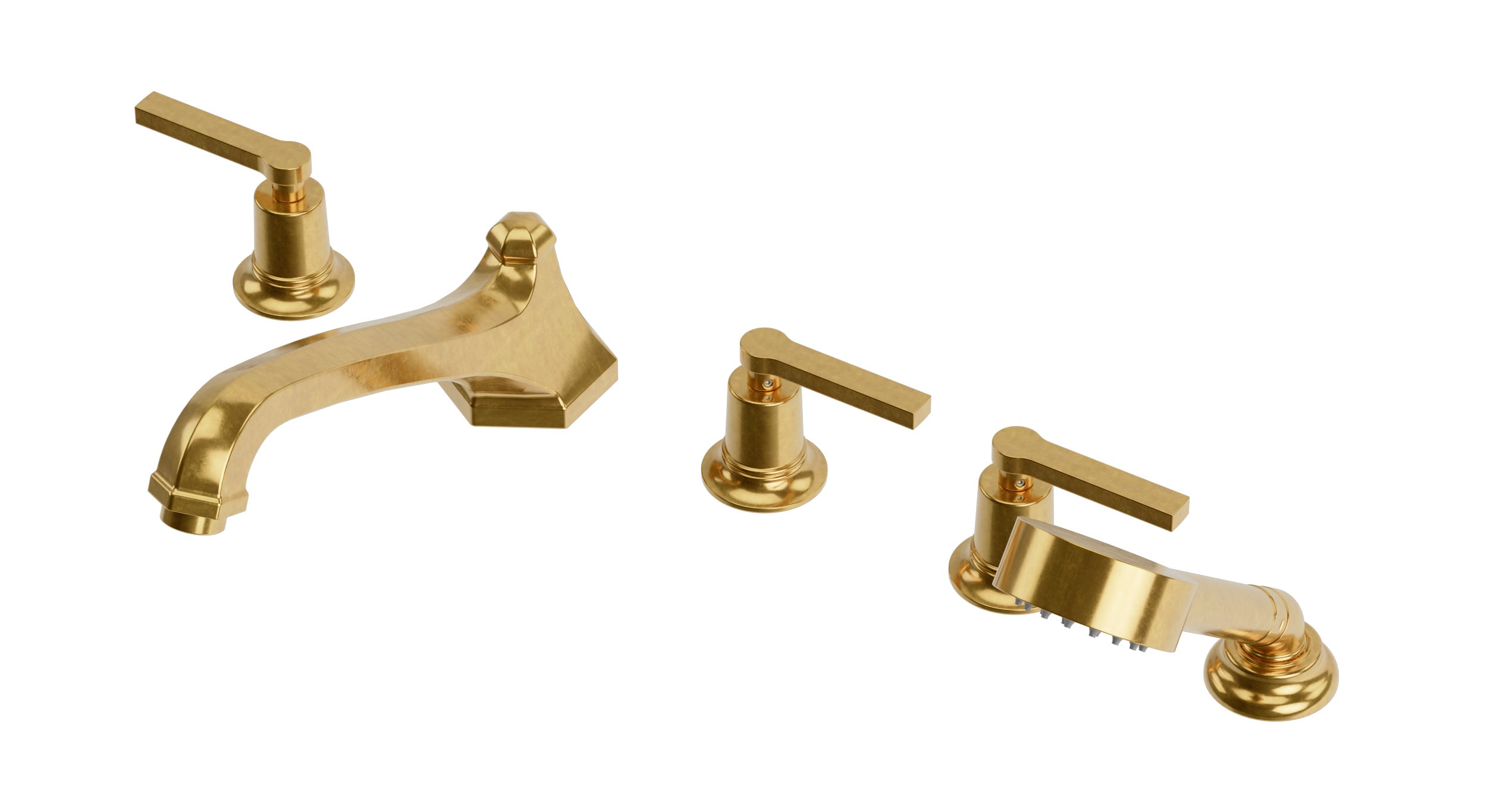 Emerson Three Handle Deck Mount Low Hexagon Bath Trim with Hand Shower and Classic Lever Handles in French Brass
