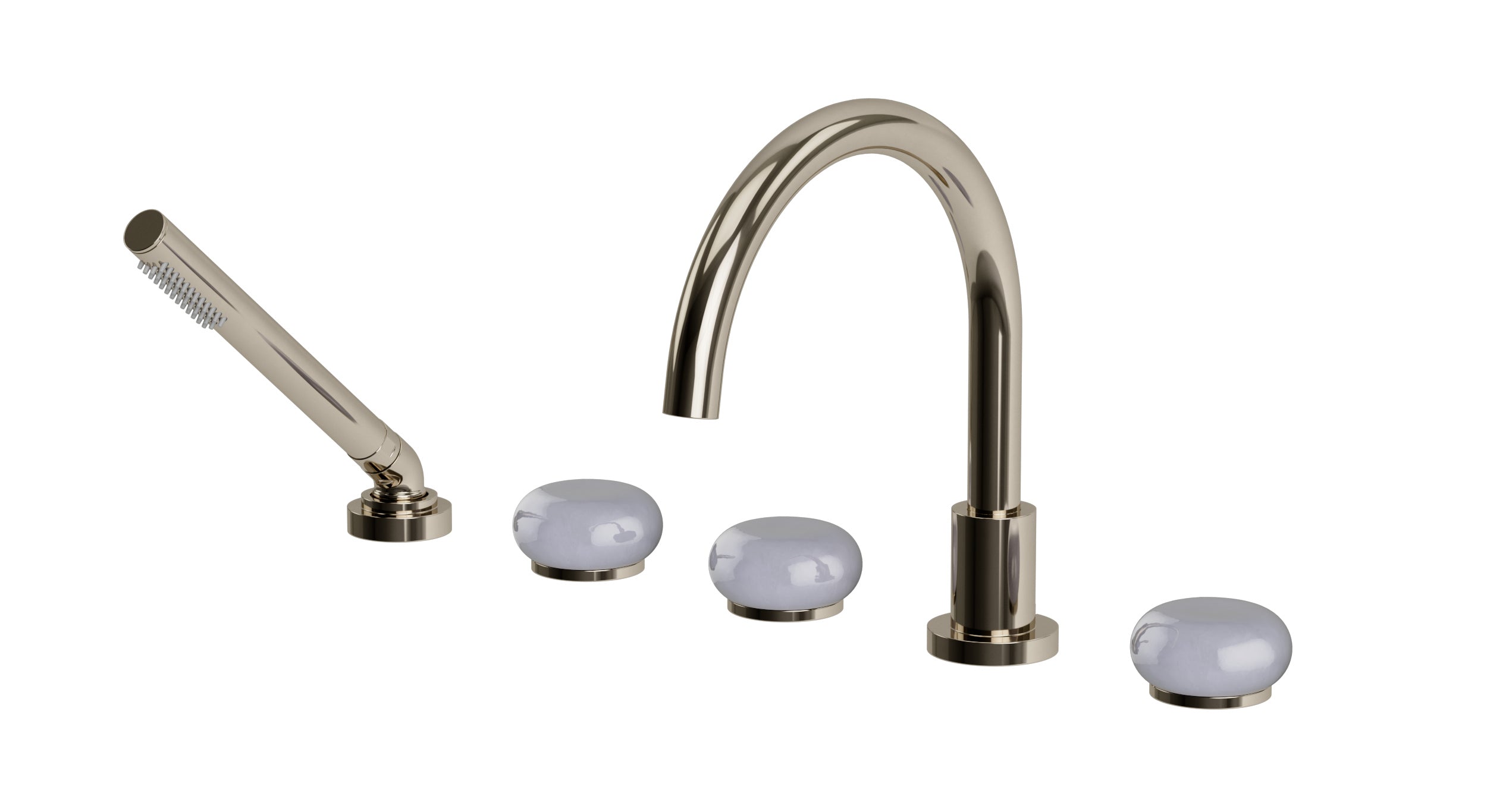 Foundry Three Handle Deck Mount Gooseneck Bath Trim with Hand Shower and Pebble Ceramic Knob Handles in Polished Nickel