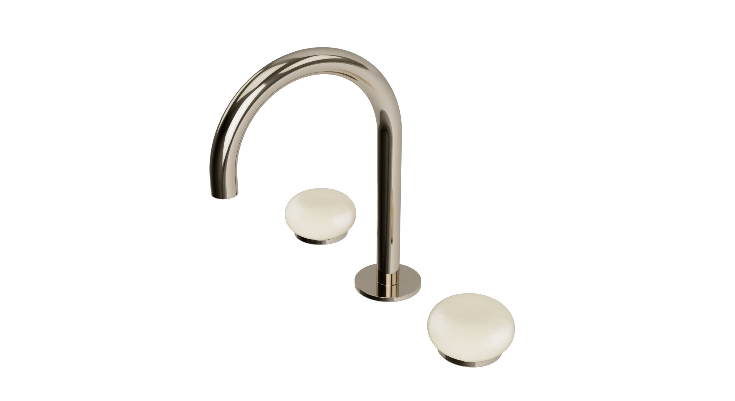 Foundry Two Handle Deck Mount Gooseneck Lavatory Faucet with Pebble Ceramic Knob Handles in Polished Nickel