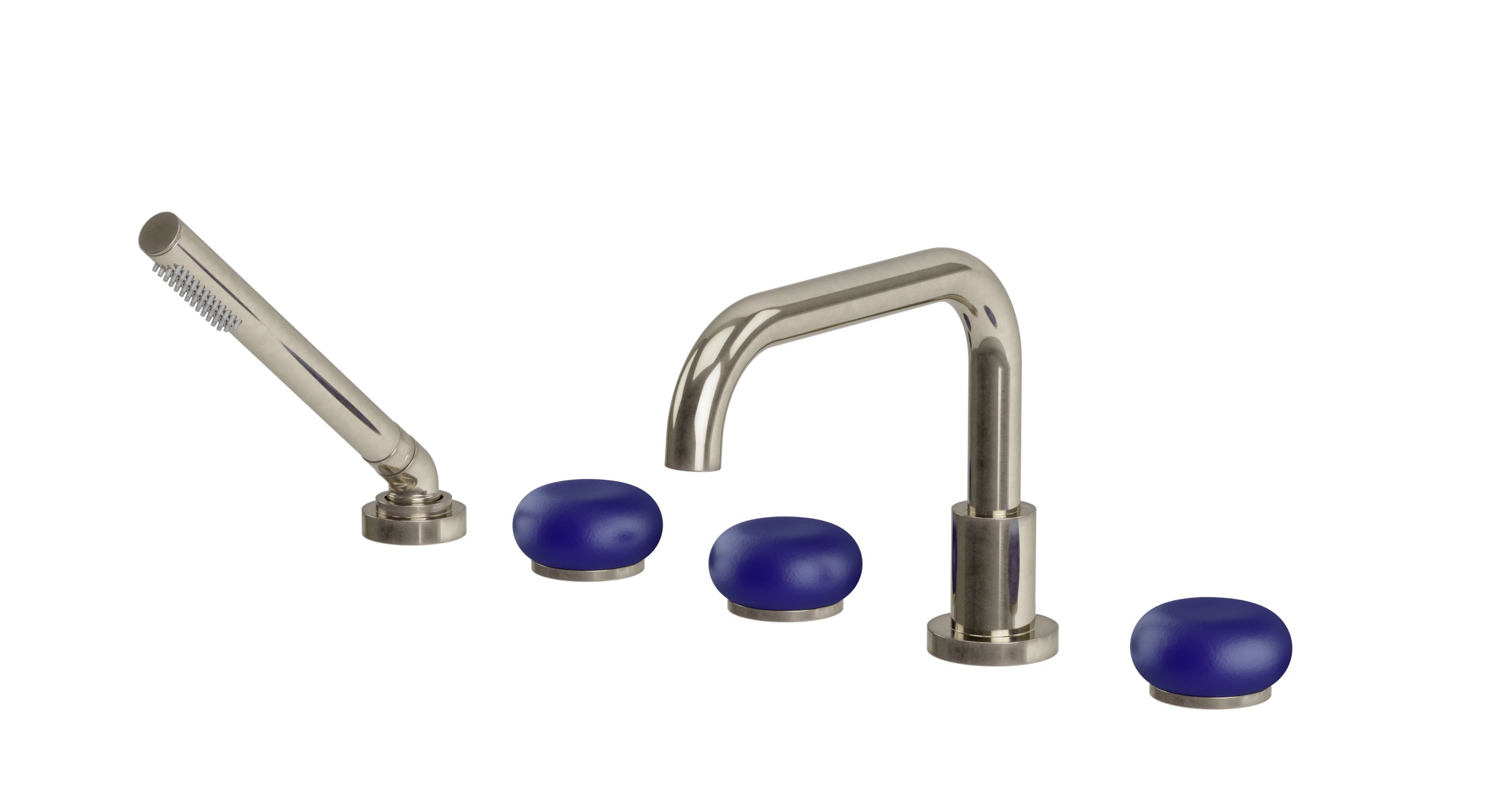 Foundry Three Handle Deck Mount Squaretop Bath Trim with Hand Shower and Pebble Ceramic Knob Handles in French Nickel