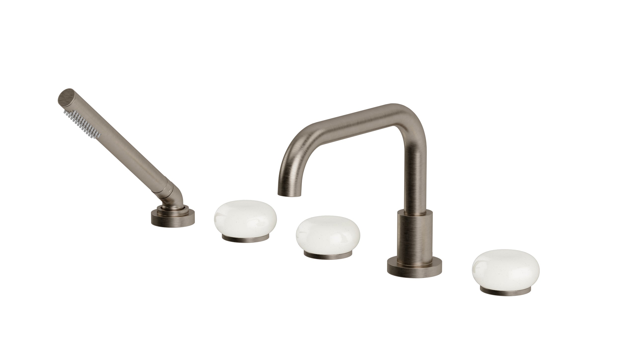 Foundry Three Handle Deck Mount Squaretop Bath Trim with Hand Shower and Pebble Ceramic Knob Handles in Antique Nickel