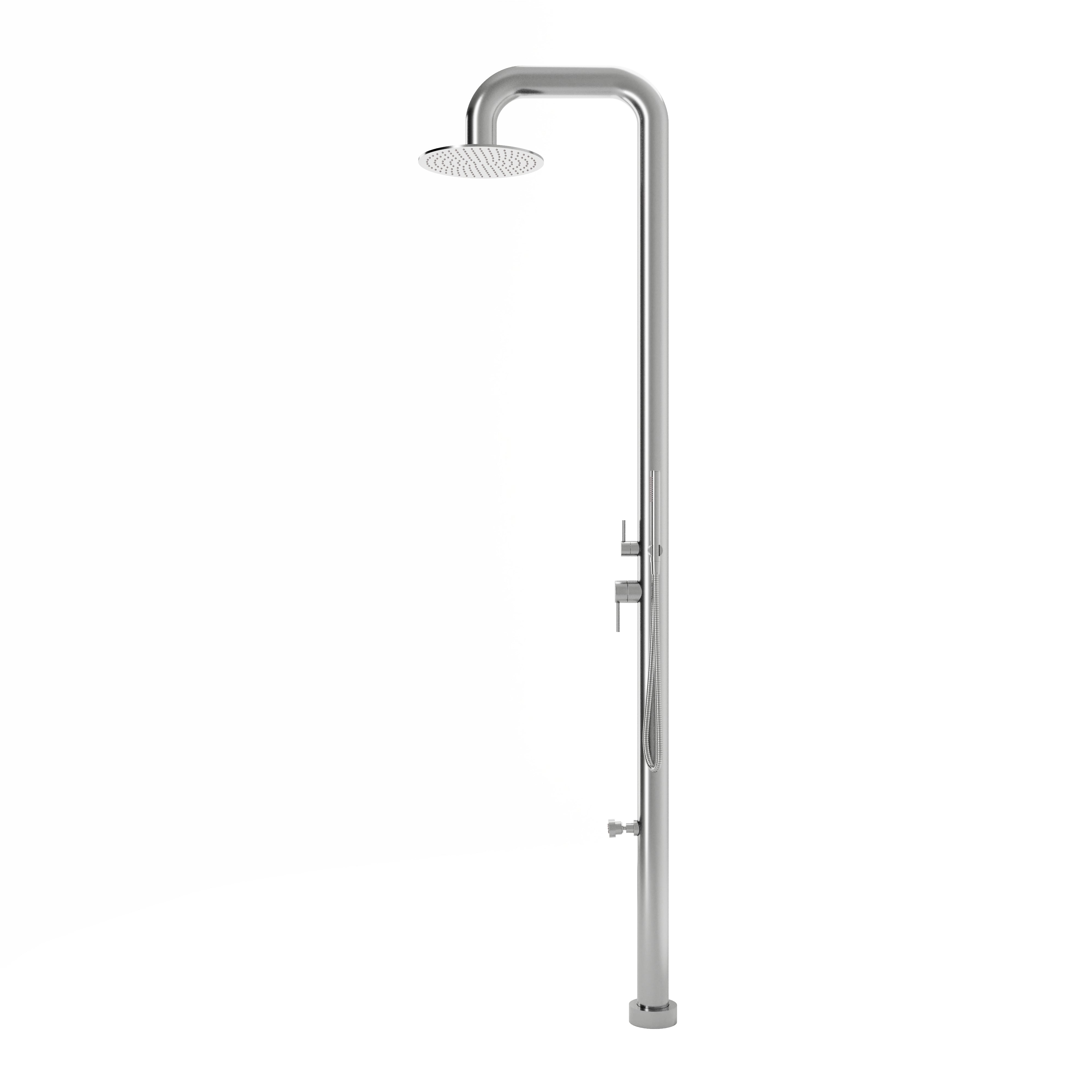 Contour Outdoor Shower Pressure Balance with 12" Rain Head, Hand Shower, and Foot Wash in Stainless Steel