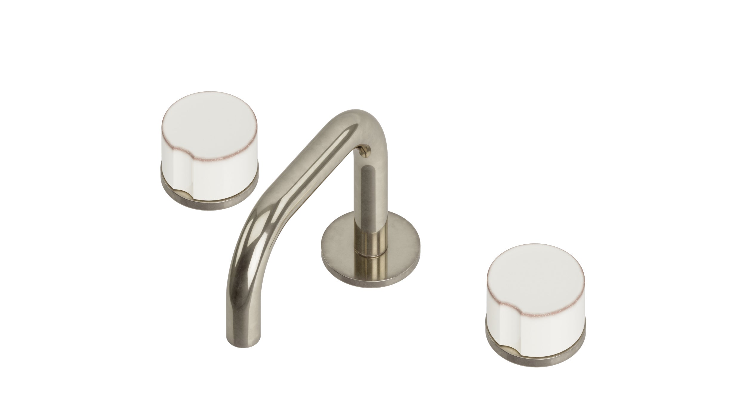 Foundry Two Handle Deck Mount Squaretop Lavatory Faucet with Groove Ceramic Knob Handles in French Nickel
