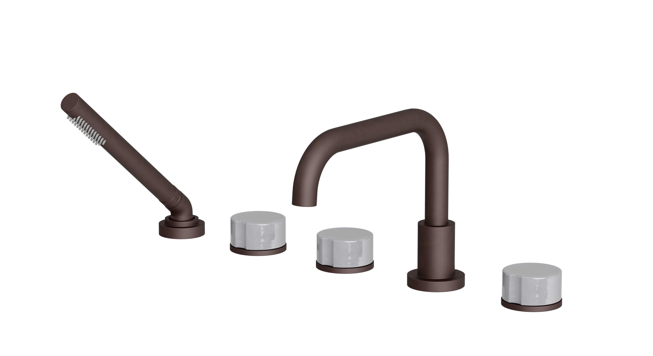 Foundry Three Handle Deck Mount Squaretop Bath Trim with Hand Shower and Groove Ceramic Knob Handles in Architectural Copper
