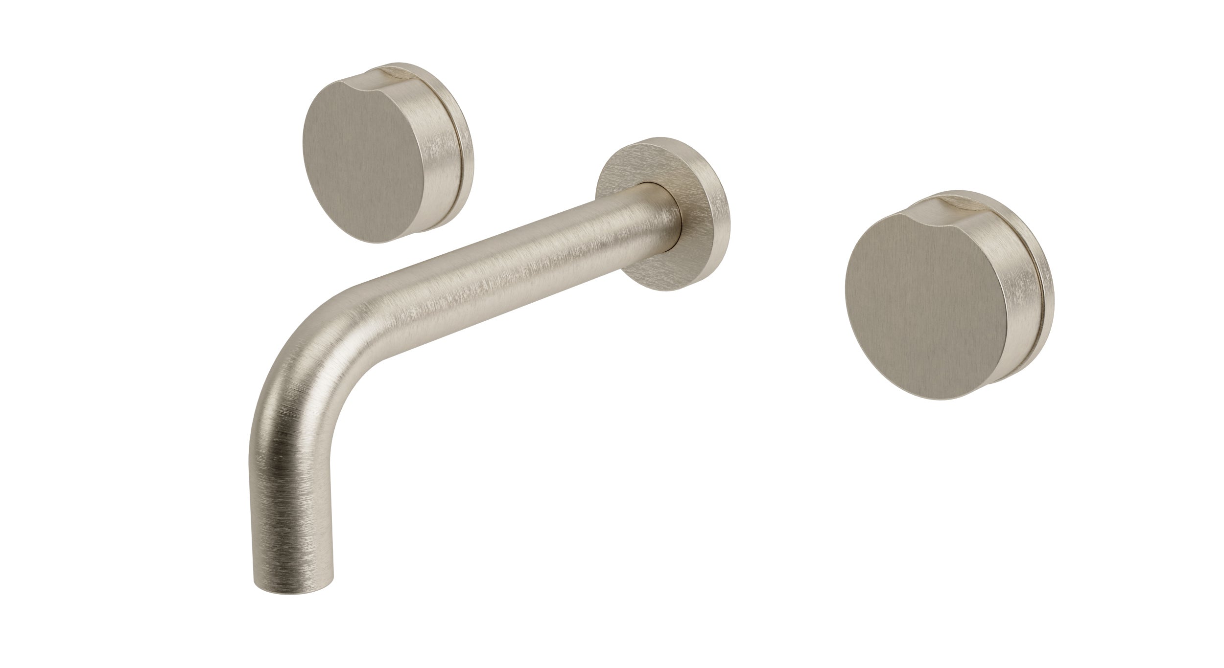 Foundry Two Handle Wall Mount 7.5" Lavatory Faucet with Barrel Knob Handles in Satin Nickel