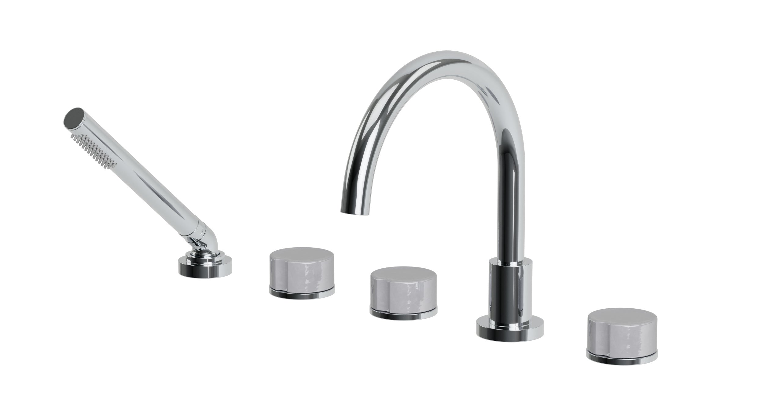 Foundry Three Handle Deck Mount Gooseneck Bath Trim with Hand Shower and Groove Ceramic Knob Handles in Polished Chrome