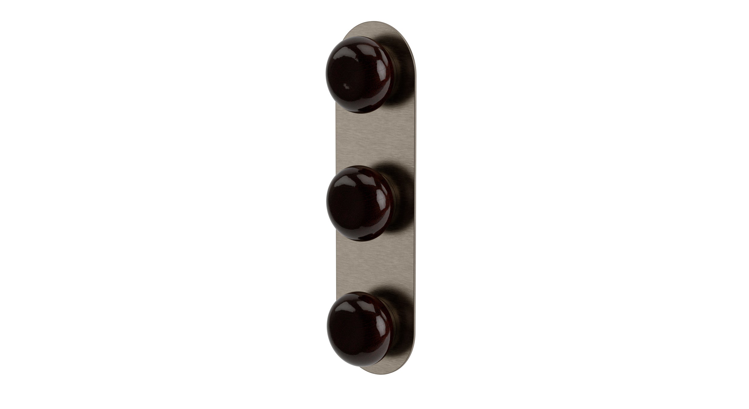 Foundry Three Handle Wall Mount Shower Trim with Pebble Ceramic Knob Handles in Antique Nickel