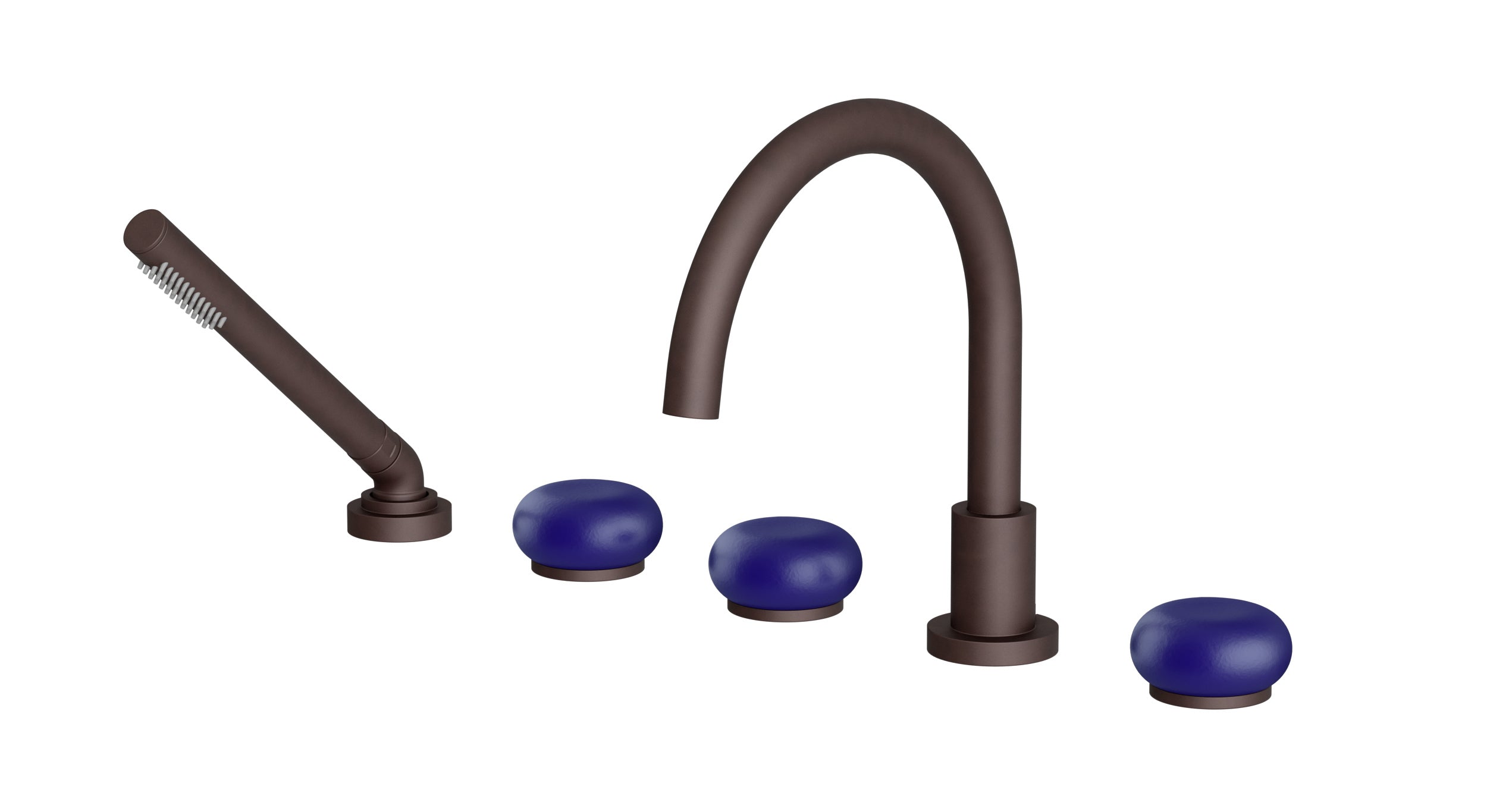 Foundry Three Handle Deck Mount Gooseneck Bath Trim with Hand Shower and Pebble Ceramic Knob Handles in Architectural Copper
