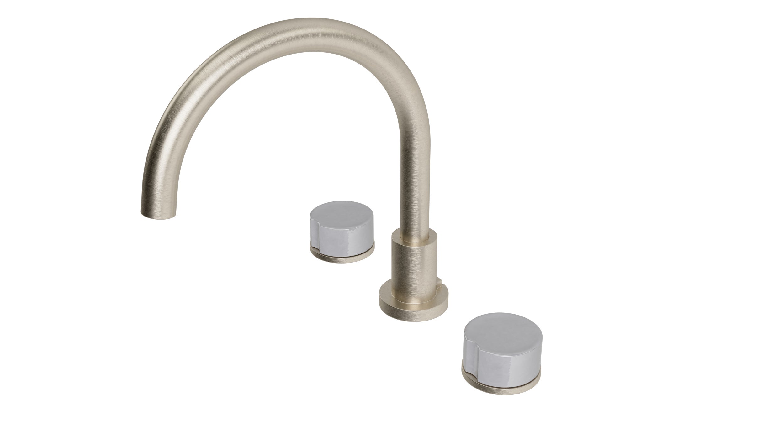 Foundry Two Handle Deck Mount Gooseneck Bath Trim with Groove Ceramic Knob Handles in Satin Nickel