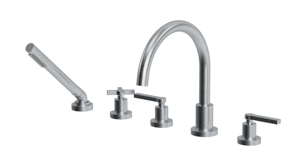 Flatiron Three Handle Deck Mount Gooseneck Bath Trim with Hand Shower and Linear Cross/Linear Lever Handles in Satin Chrome