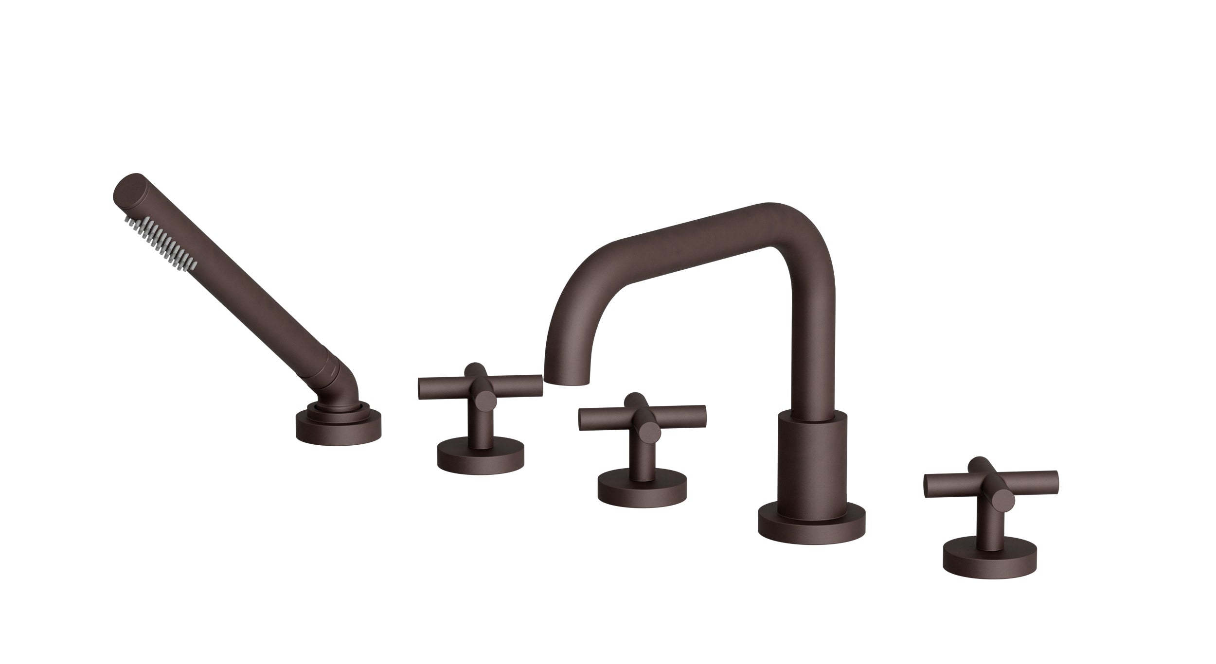Contour Three Handle Deck Mount Squaretop Bath Trim with Hand Shower and Soft Cross Handles in Architectural Copper