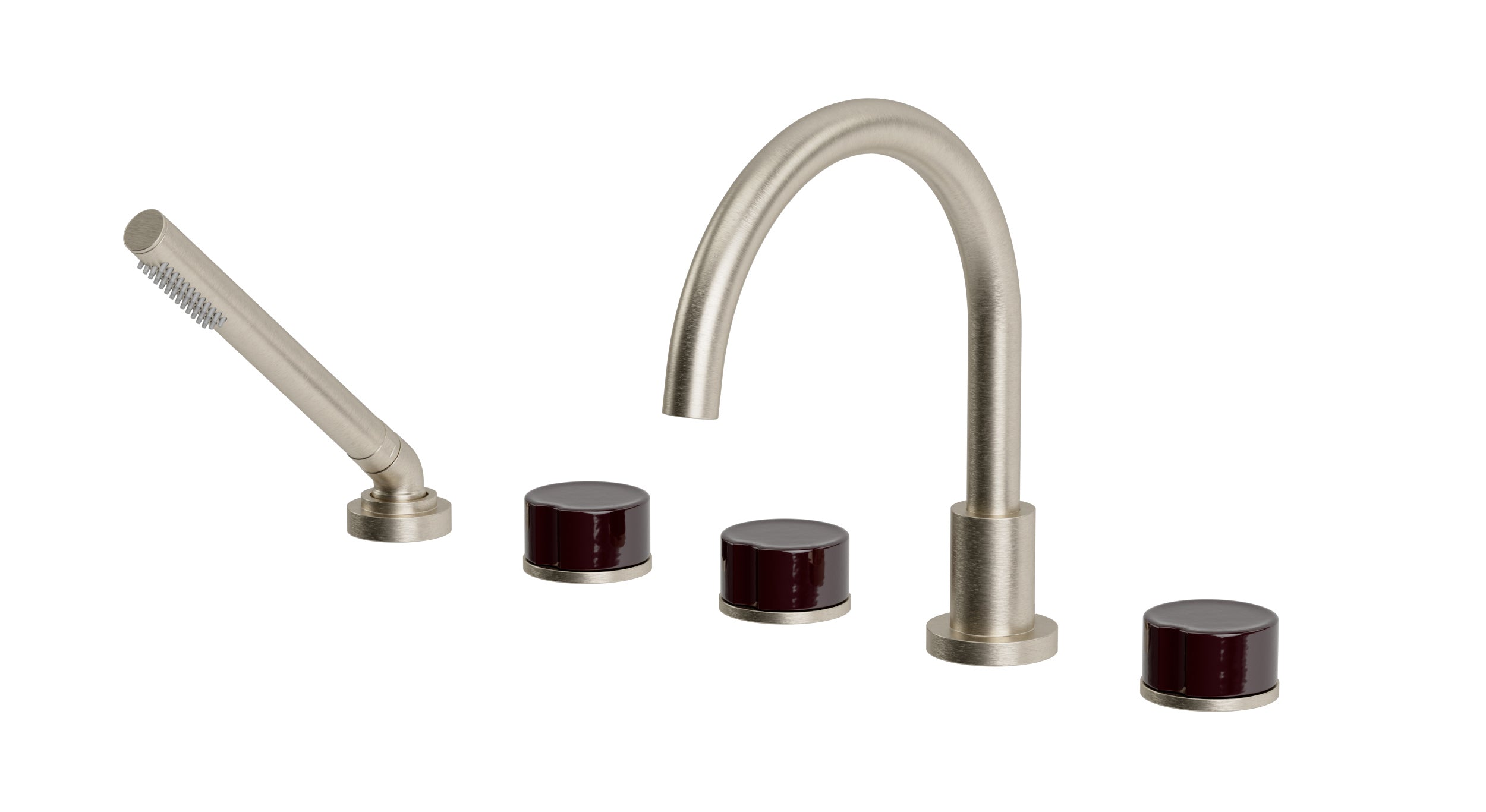Foundry Three Handle Deck Mount Gooseneck Bath Trim with Hand Shower and Groove Ceramic Knob Handles in Satin Nickel