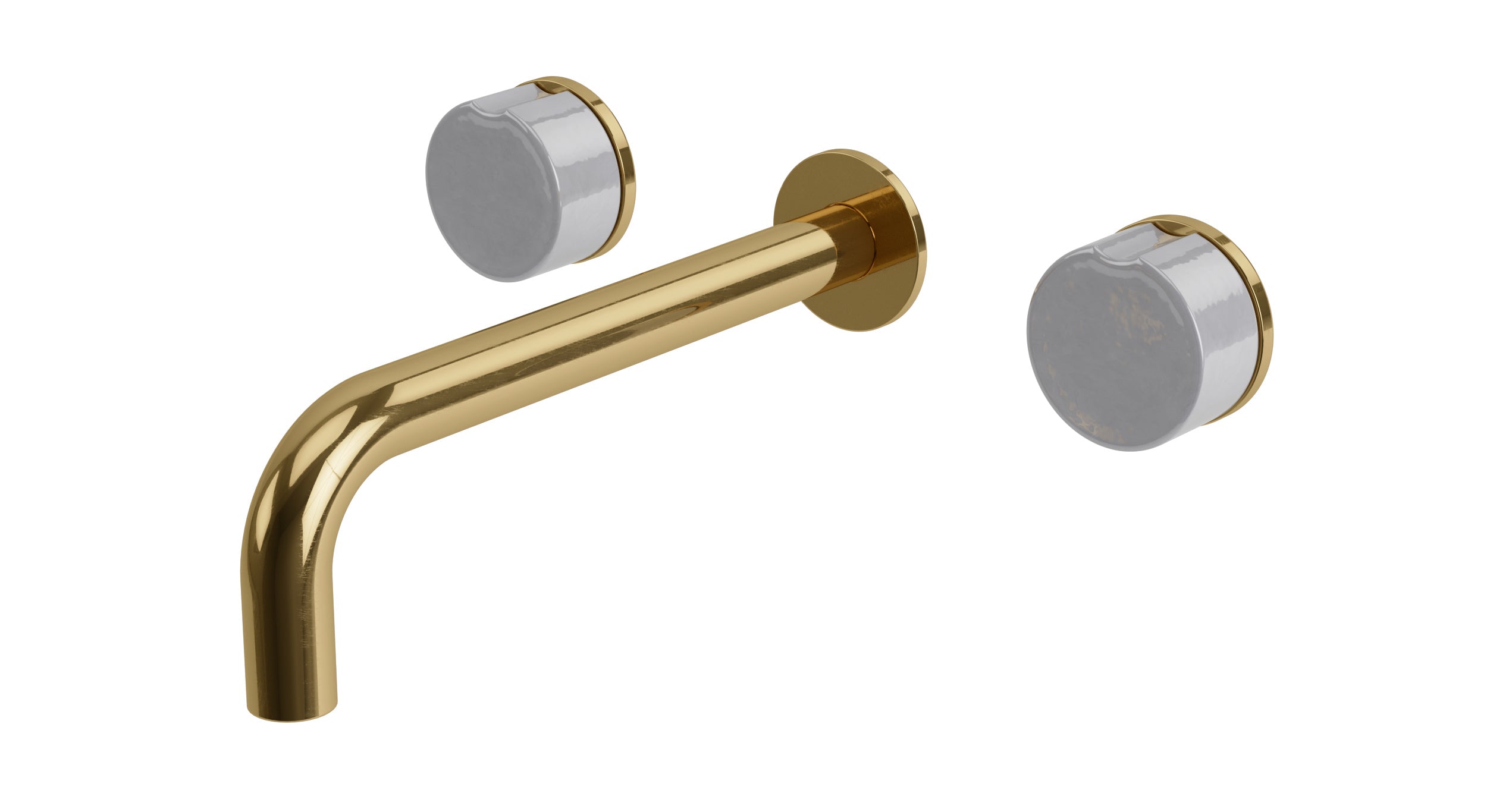 Foundry Two Handle Wall Mount 7.5" Lavatory Faucet with Groove Ceramic Knob Handles in Uncoated Polished Brass