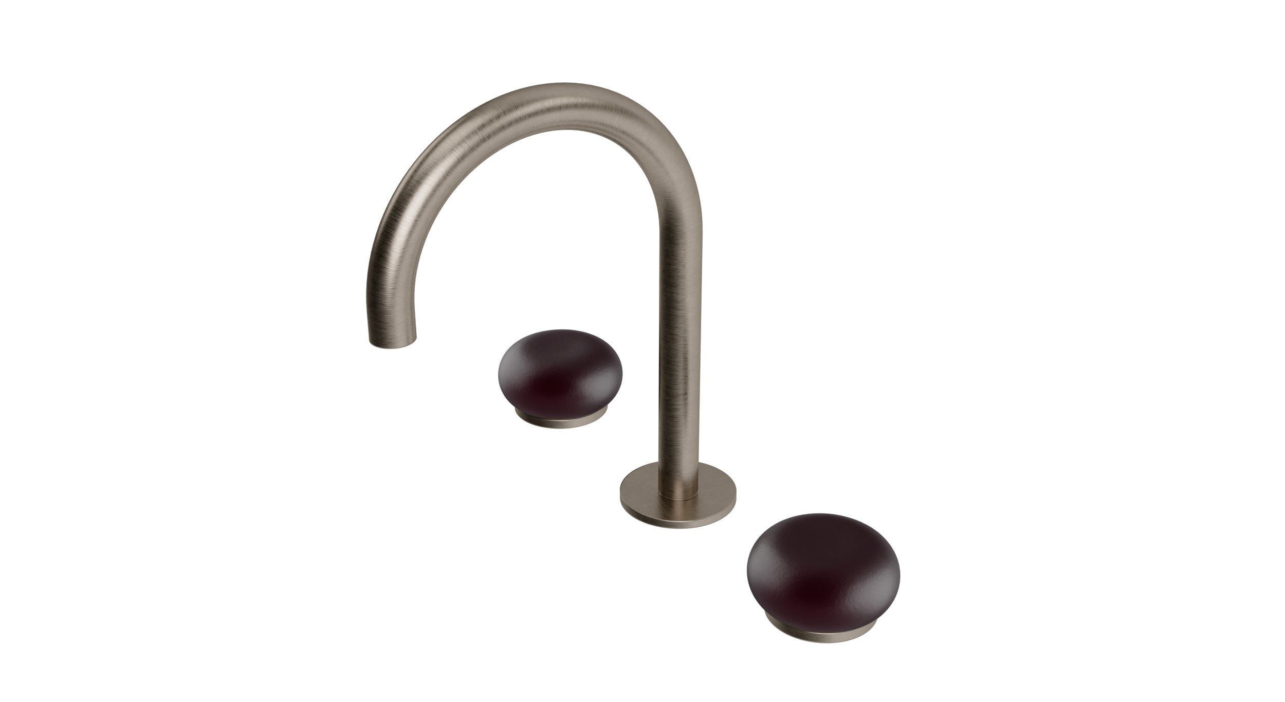 Foundry Two Handle Deck Mount Gooseneck Lavatory Faucet with Pebble Ceramic Knob Handles in Antique Nickel