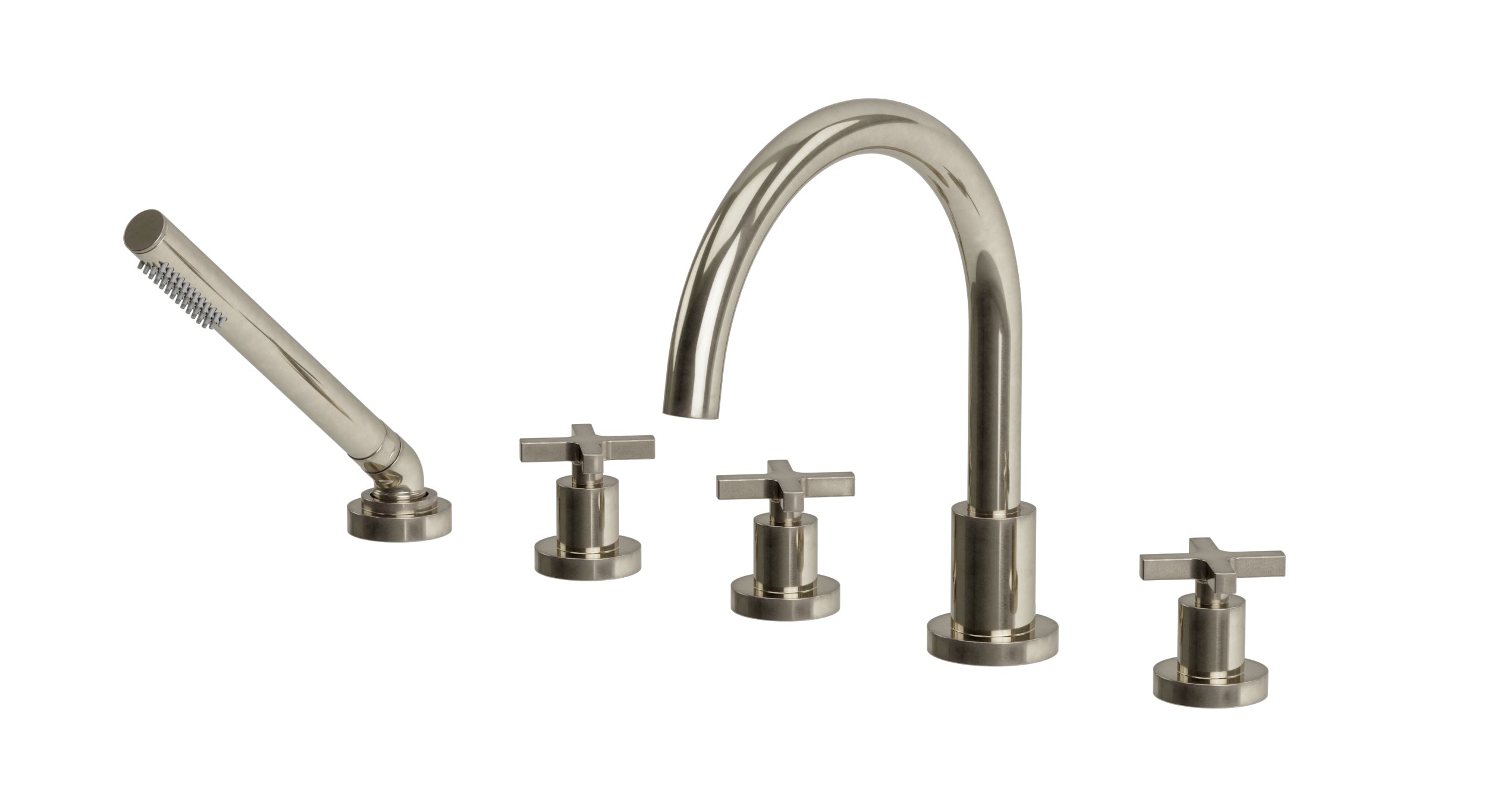 Flatiron Three Handle Deck Mount Gooseneck Bath Trim with Hand Shower and Linear Cross Handles in French Nickel