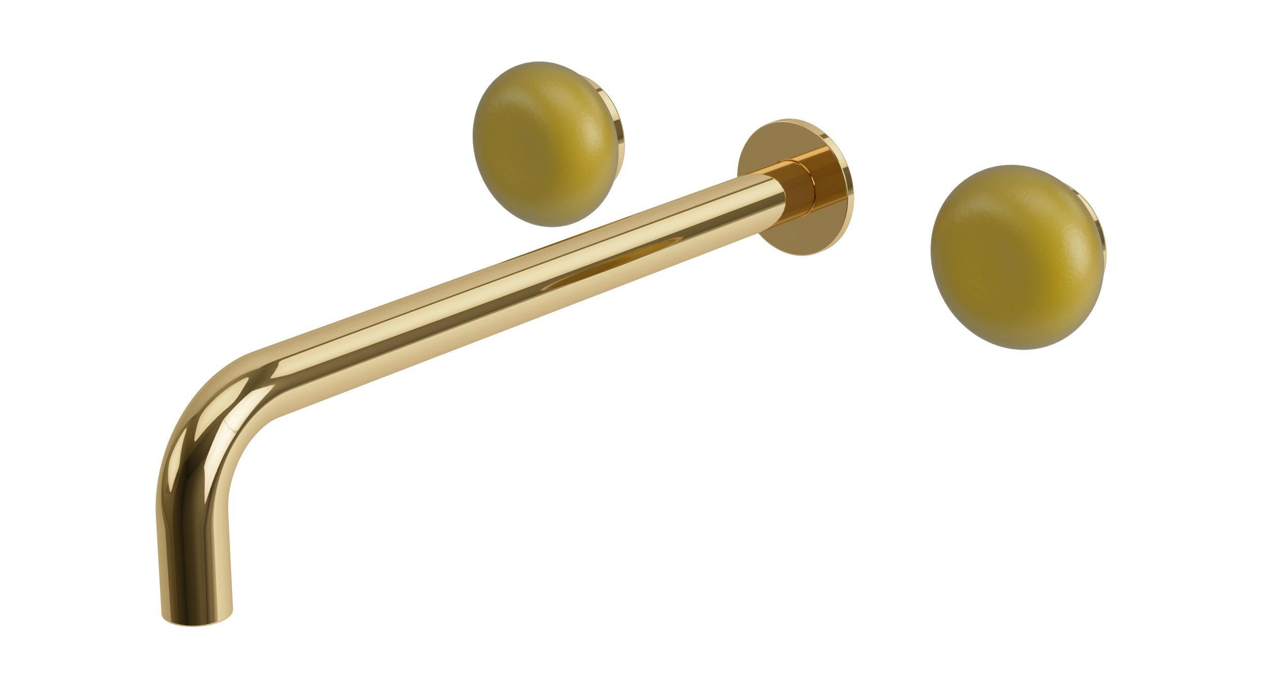Foundry Two Handle Wall Mount 12" Lavatory Faucet with Pebble Ceramic Knob Handles in Polished Brass