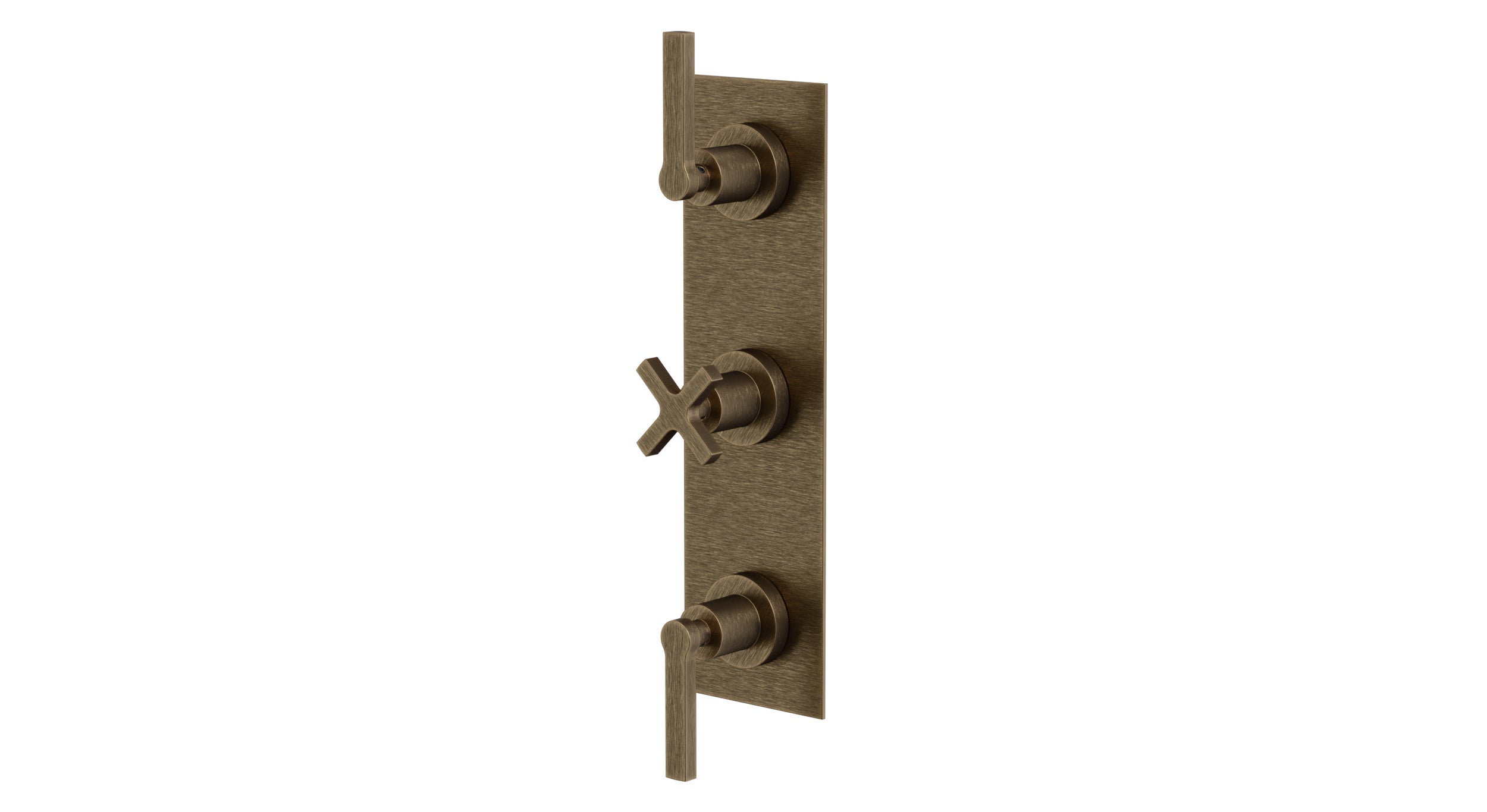 Flatiron Three Handle Wall Mount Shower Trim with Linear Cross/Linear Lever Handles in Antique Brass