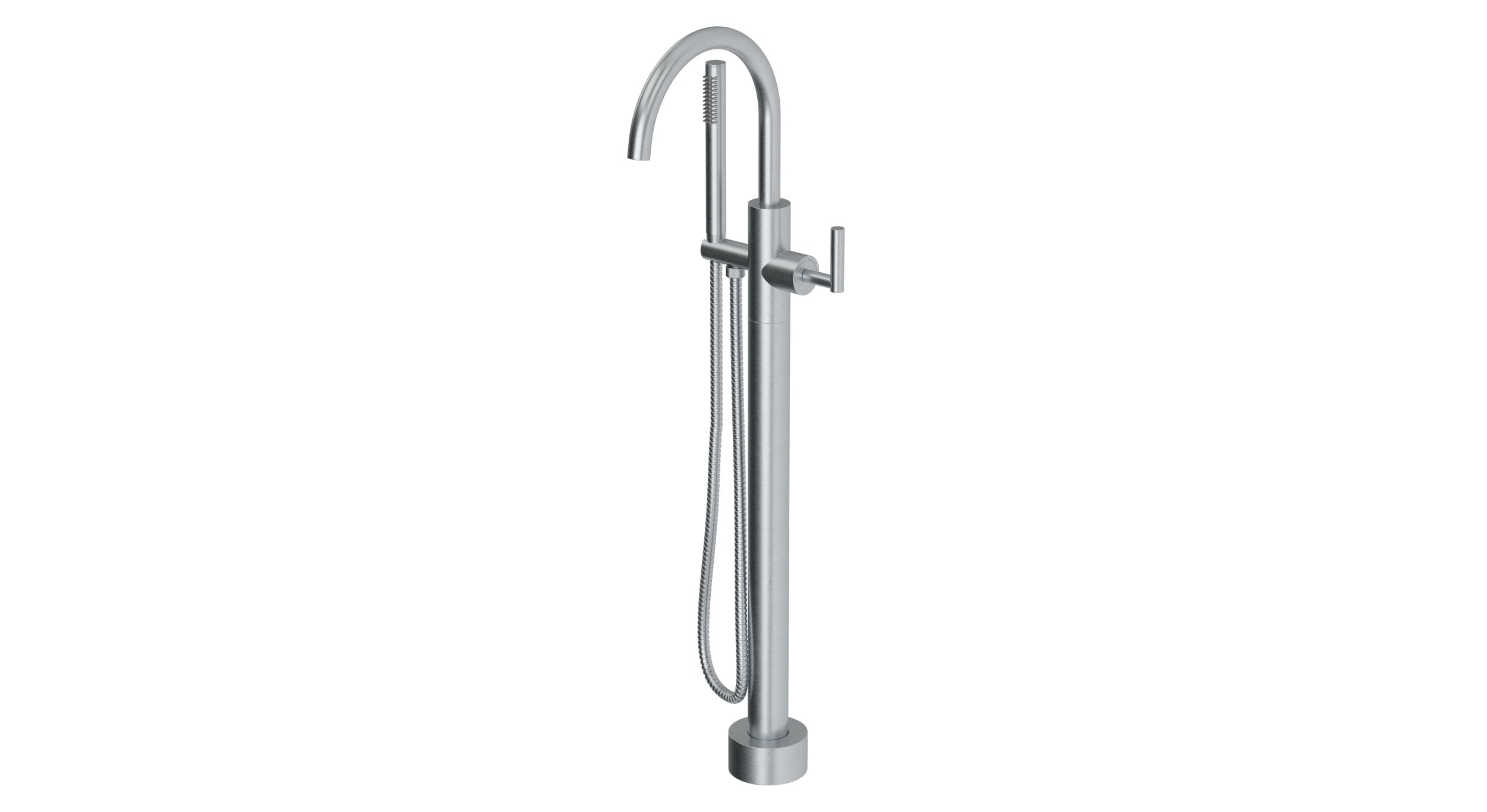 Contour One Handle Floor Mount Gooseneck Bath Trim with Hand Shower and Soft Lever Handle in Satin Chrome