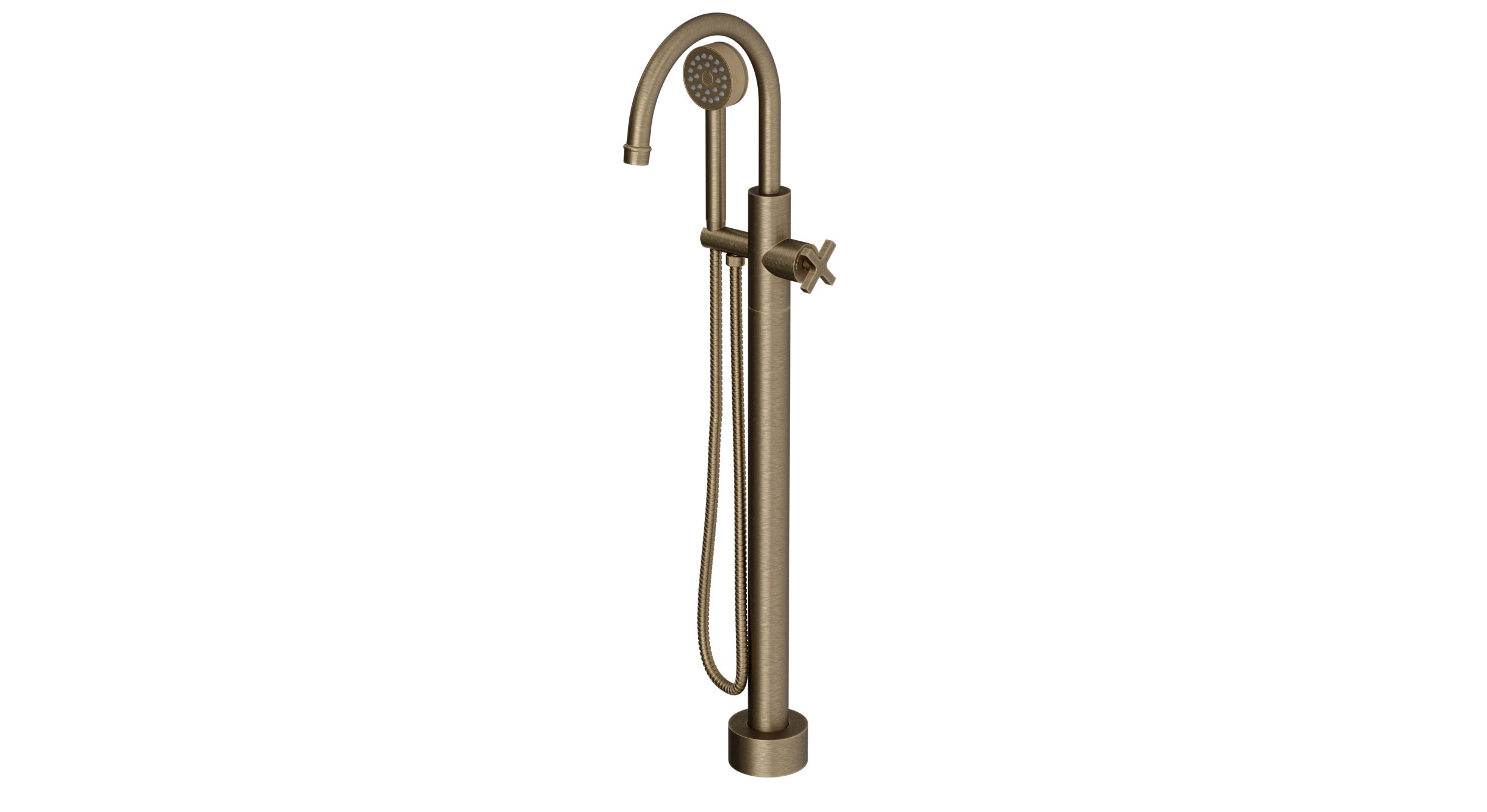 Emerson One Handle Floor Mount Gooseneck Bath Trim with Hand Shower and Classic Cross Handle in Antique Brass
