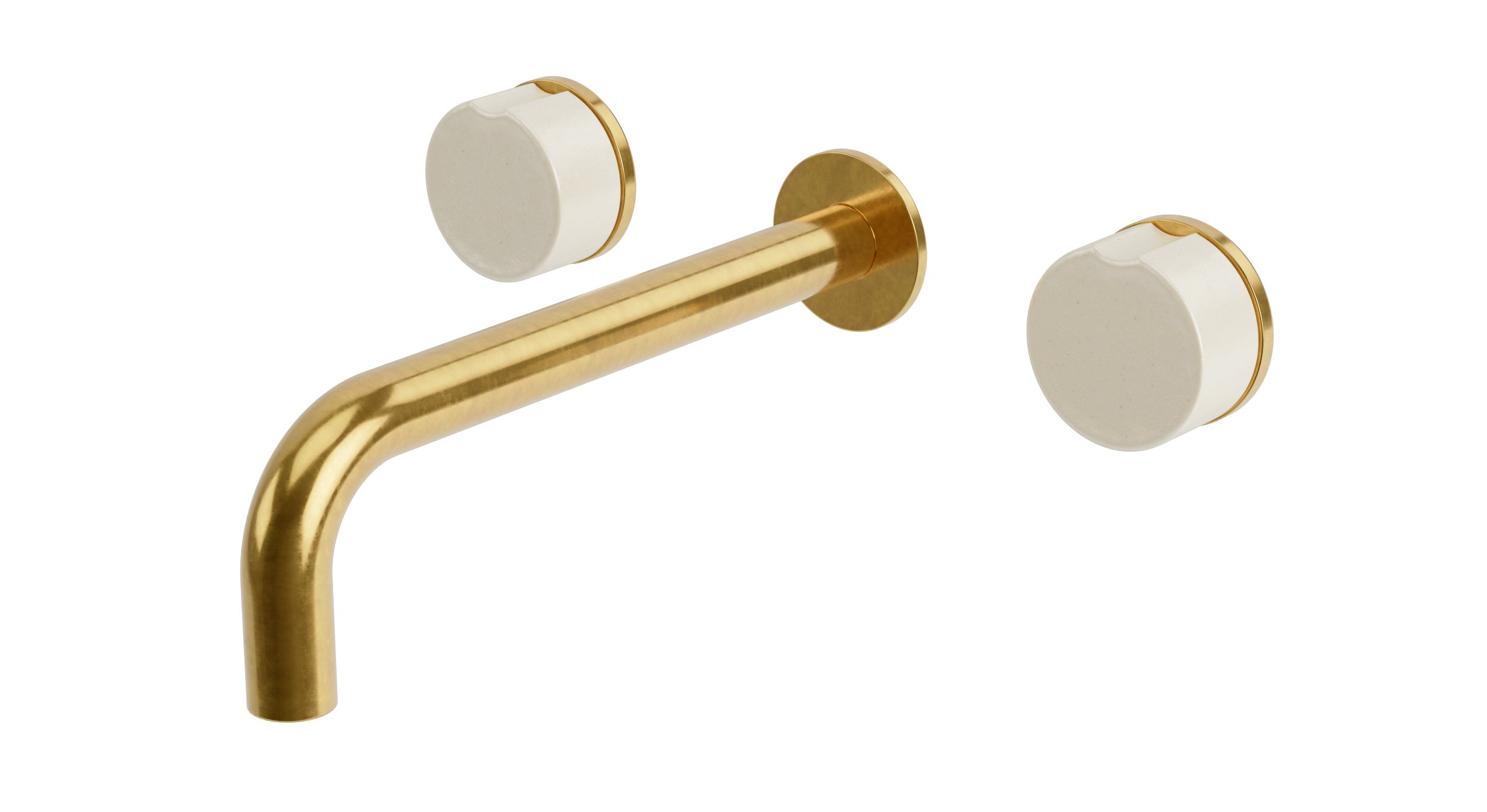 Foundry Two Handle Wall Mount 7.5" Lavatory Faucet with Groove Ceramic Knob Handles in French Brass