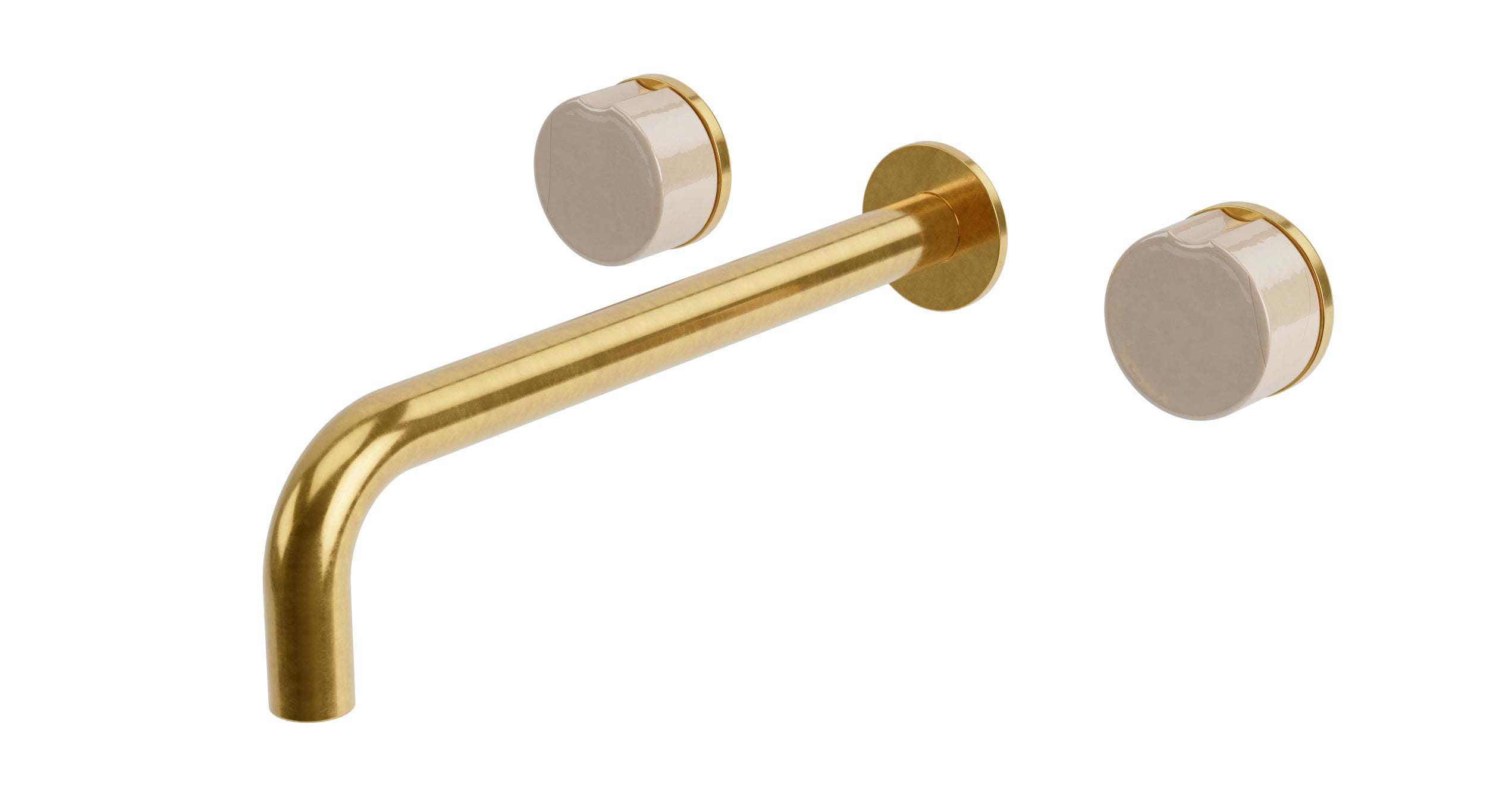Foundry Two Handle Wall Mount 10" Lavatory Faucet with Groove Ceramic Knob Handles in French Brass