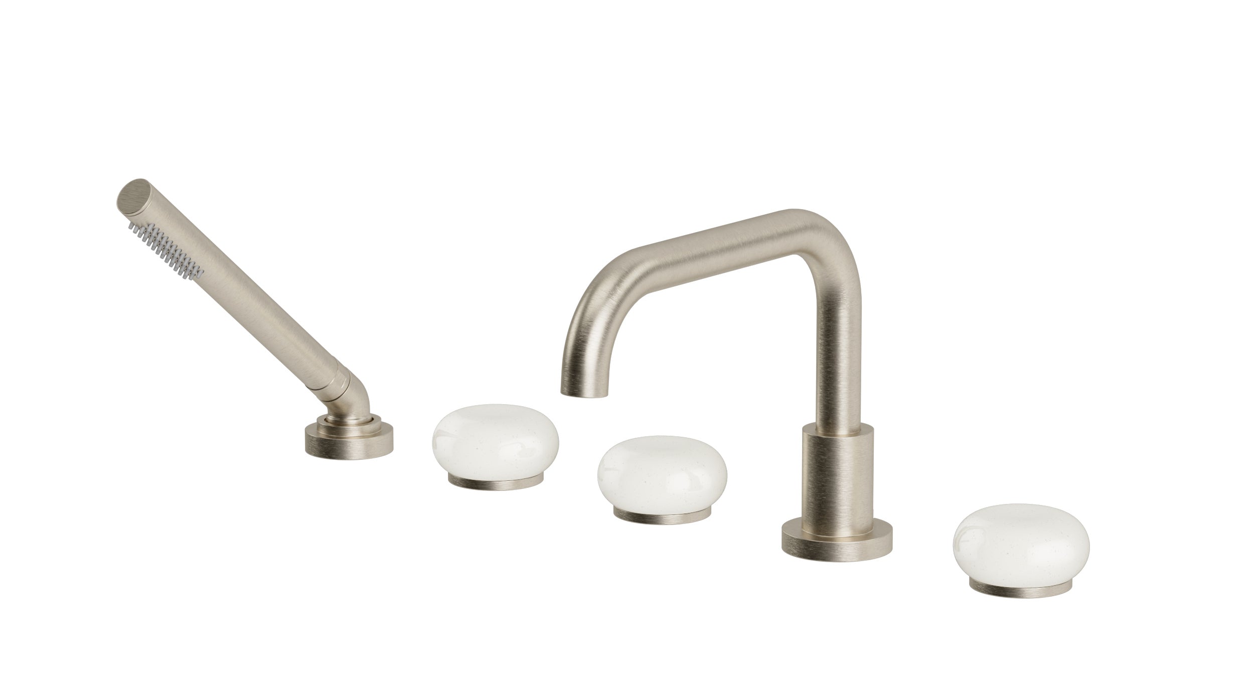 Foundry Three Handle Deck Mount Squaretop Bath Trim with Hand Shower and Pebble Ceramic Knob Handles in Satin Nickel