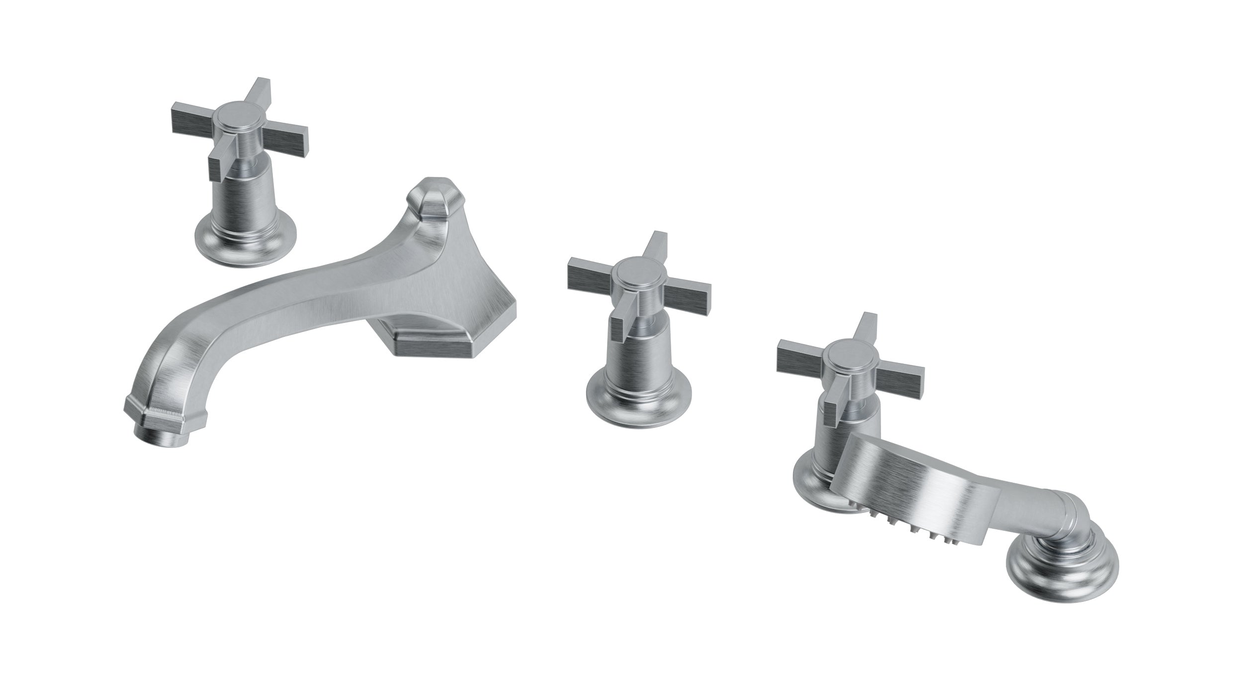 Emerson Three Handle Deck Mount Low Hexagon Bath Trim with Hand Shower and Defined Cross Handles in Satin Chrome