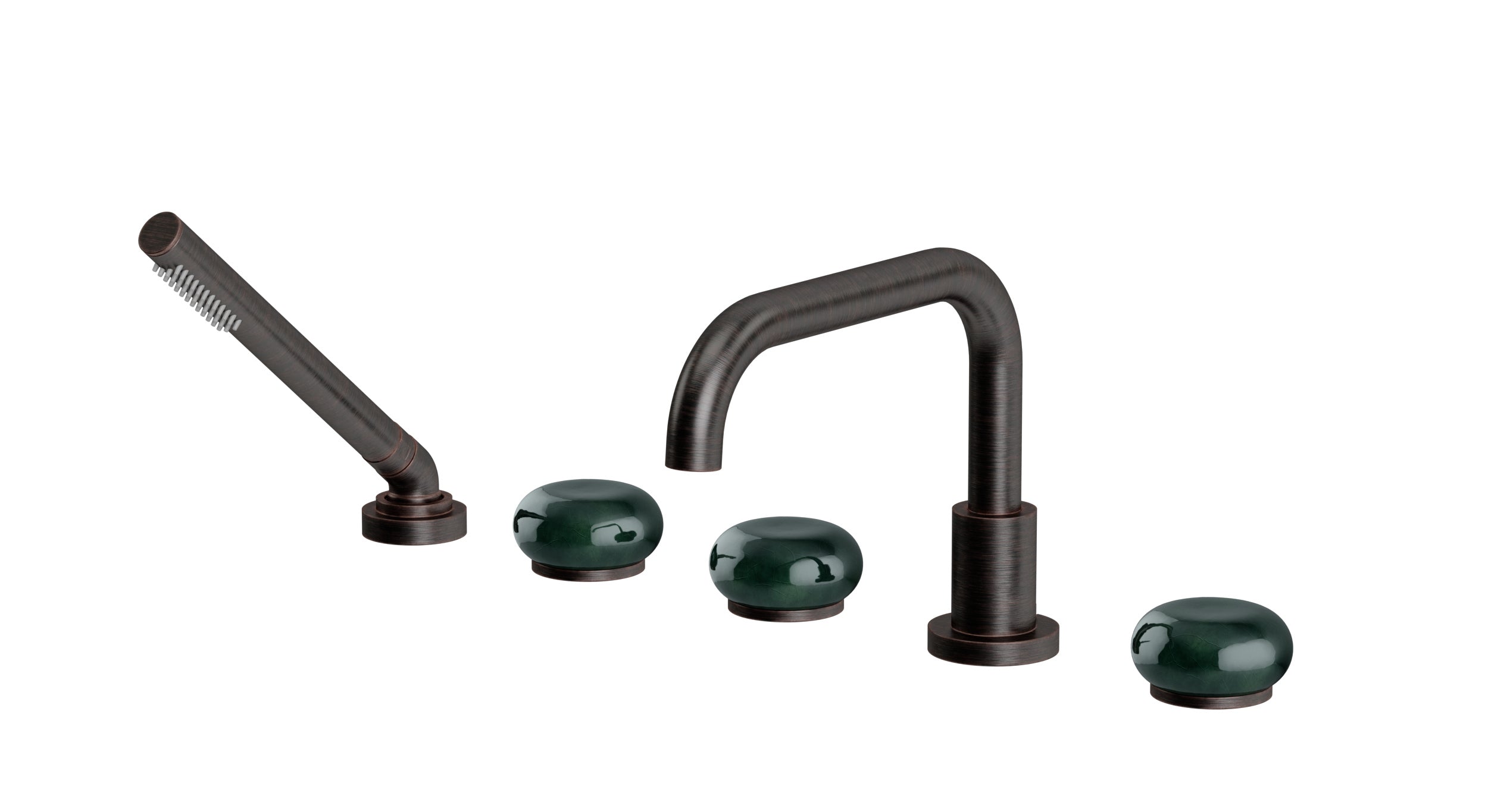Foundry Three Handle Deck Mount Squaretop Bath Trim with Hand Shower and Pebble Ceramic Knob Handles in Antique Bronze