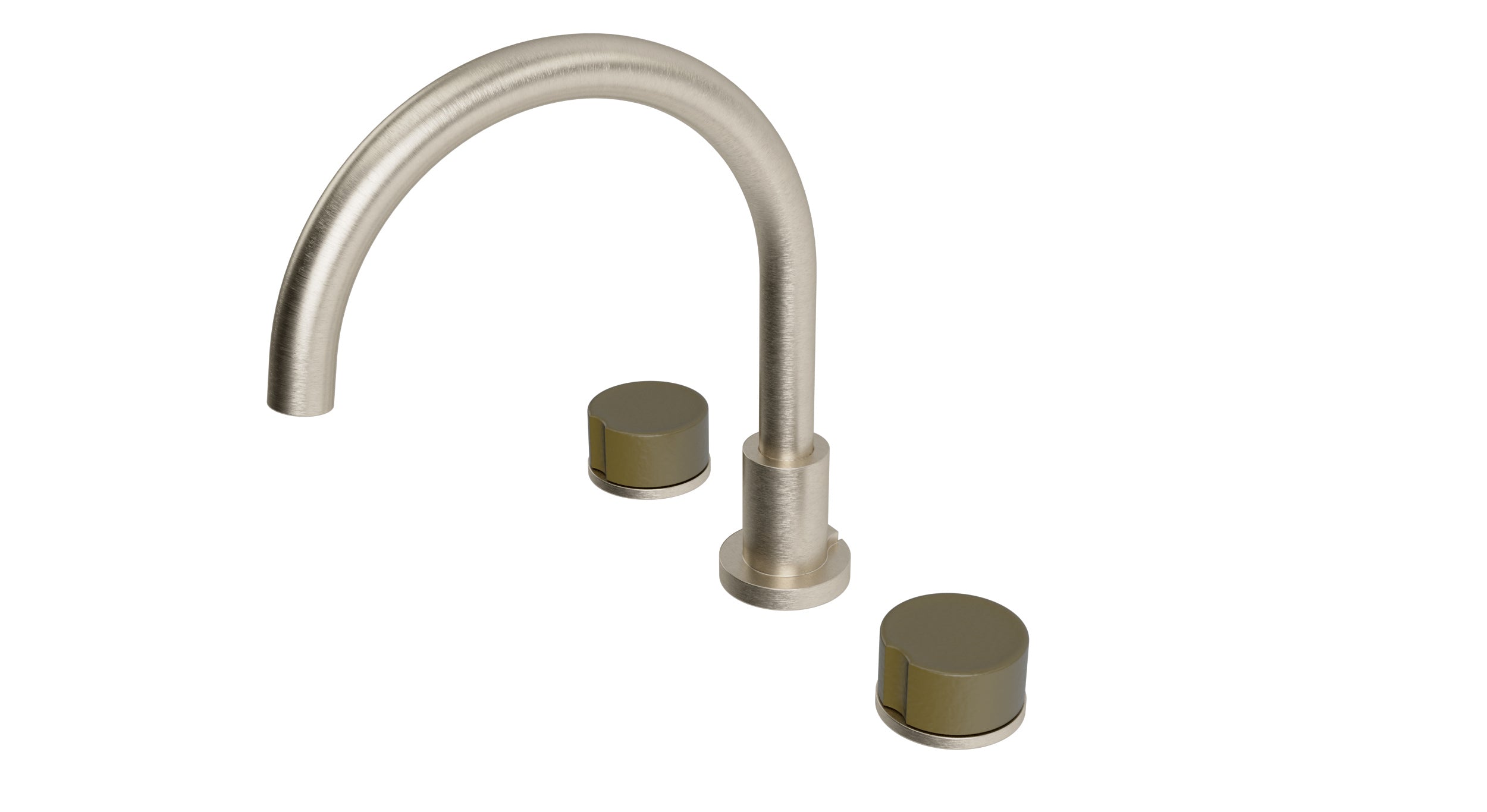 Foundry Two Handle Deck Mount Gooseneck Bath Trim with Groove Ceramic Knob Handles in Satin Nickel