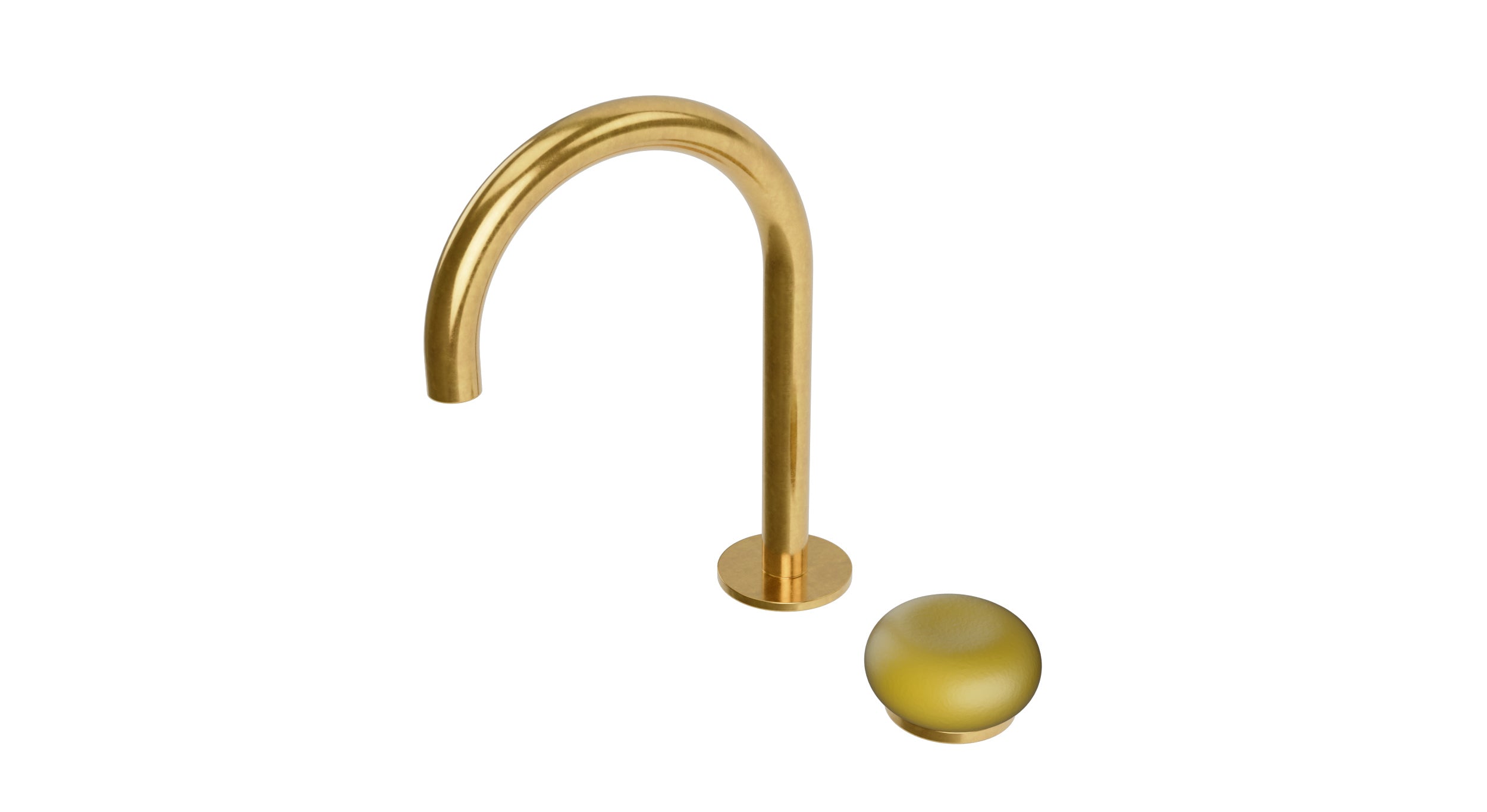 Foundry One Handle Deck Mount Gooseneck Lavatory Faucet with Pebble Ceramic Knob Handle in French Brass