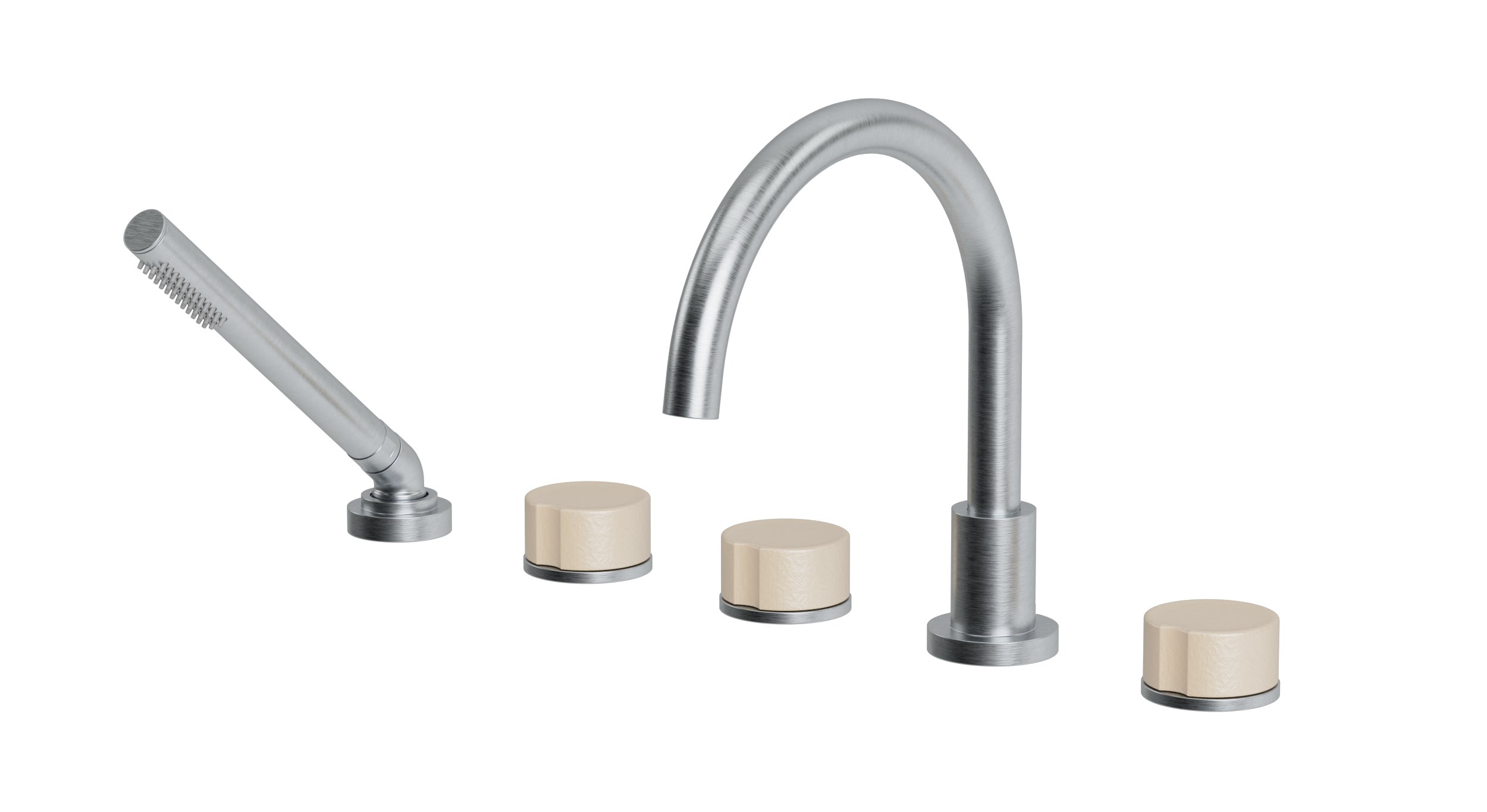 Foundry Three Handle Deck Mount Gooseneck Bath Trim with Hand Shower and Groove Ceramic Knob Handles in Satin Chrome