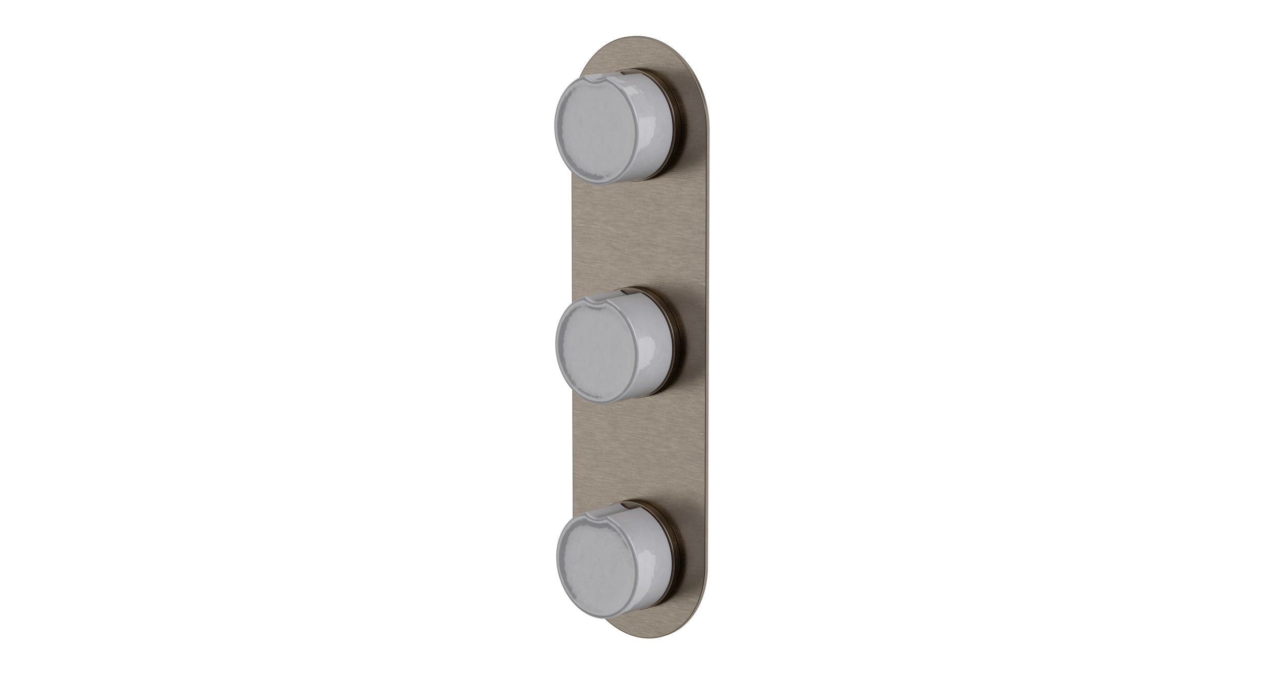 Foundry Three Handle Wall Mount Shower Trim with Groove Ceramic Knob Handles in Antique Nickel