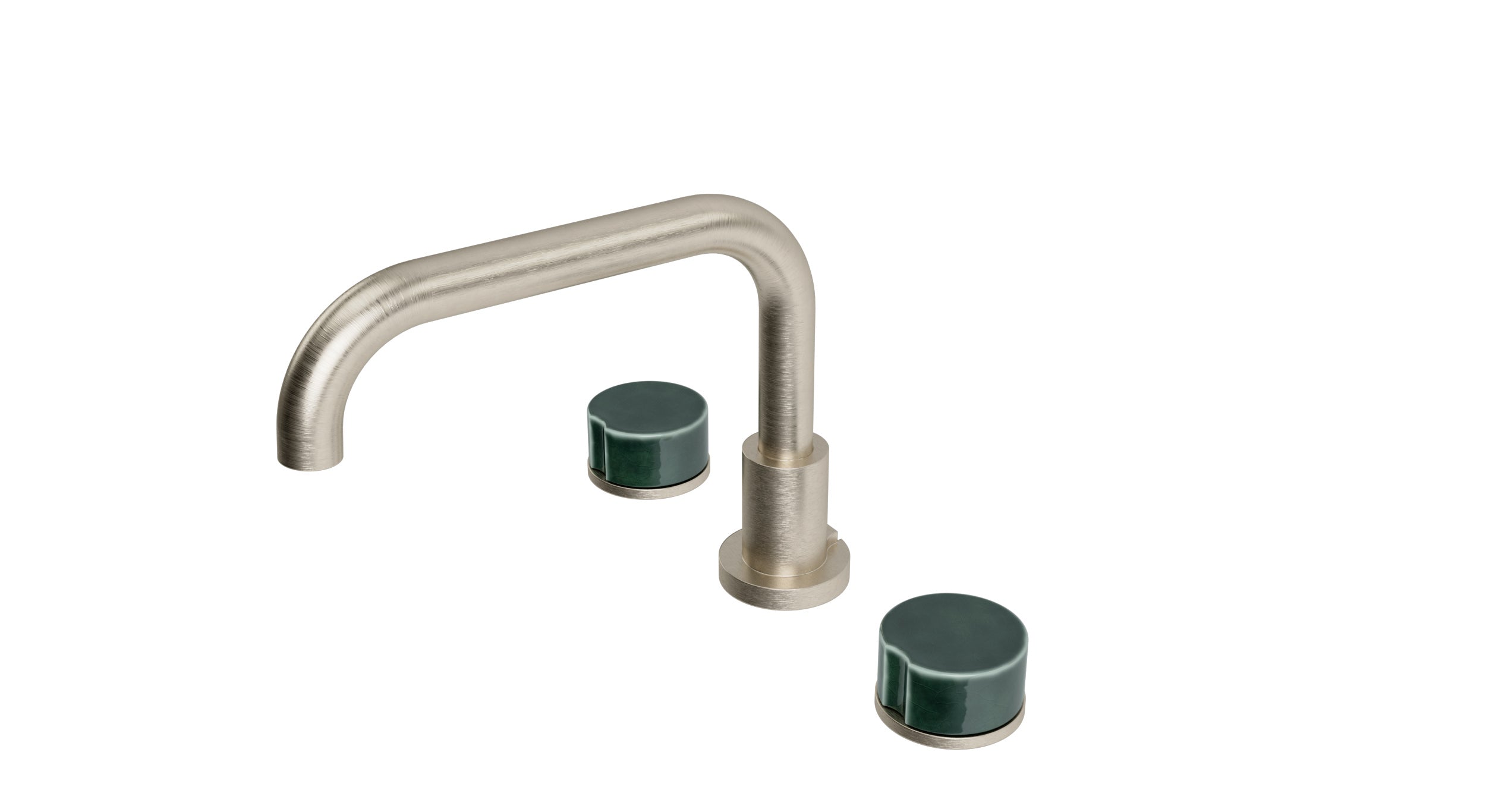 Foundry Two Handle Deck Mount Squaretop Bath Trim with Groove Ceramic Knob Handles in Satin Nickel