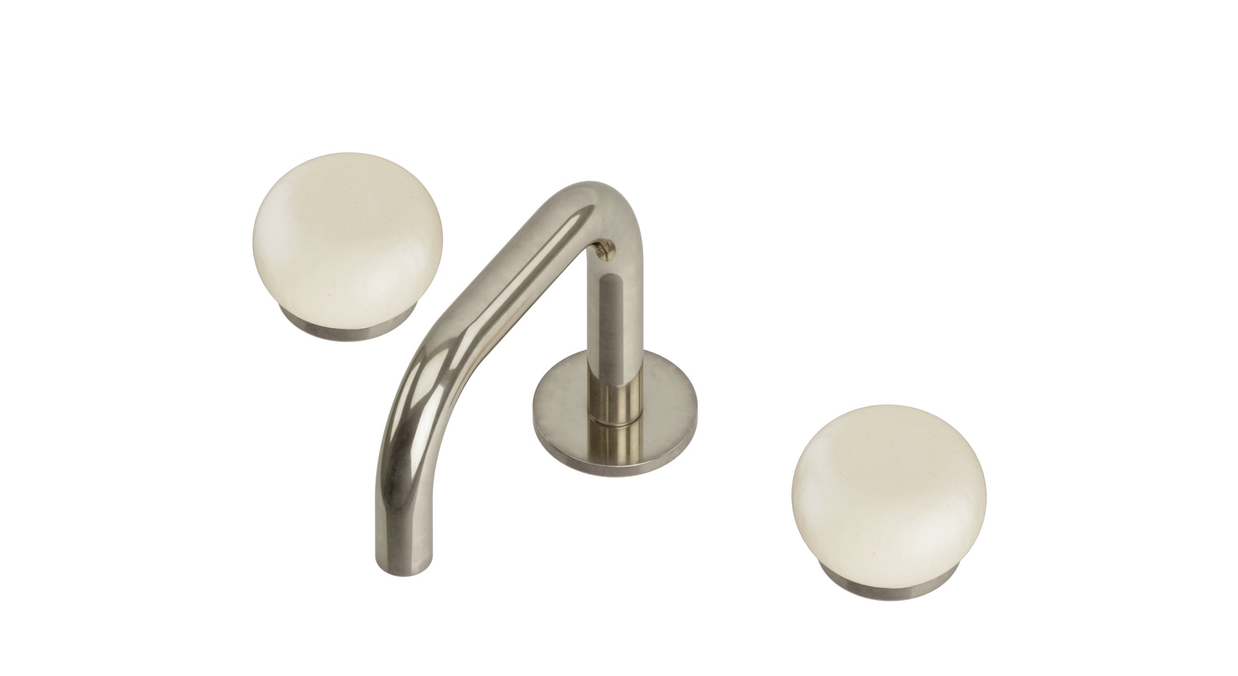 Foundry Two Handle Deck Mount Squaretop Lavatory Faucet with Pebble Ceramic Knob Handles in French Nickel