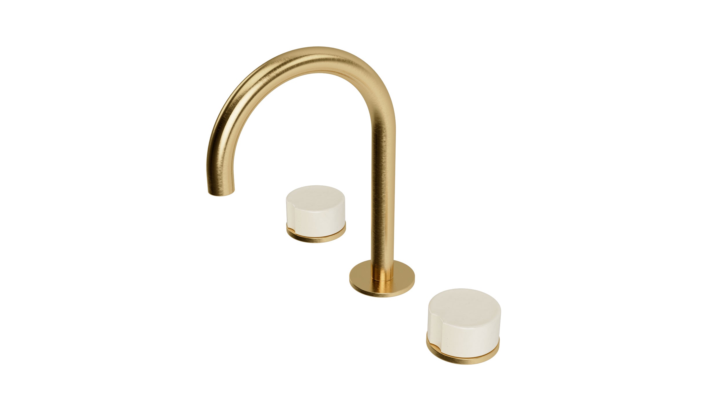 Foundry Two Handle Deck Mount Gooseneck Lavatory Faucet with Groove Ceramic Knob Handles in Satin Brass