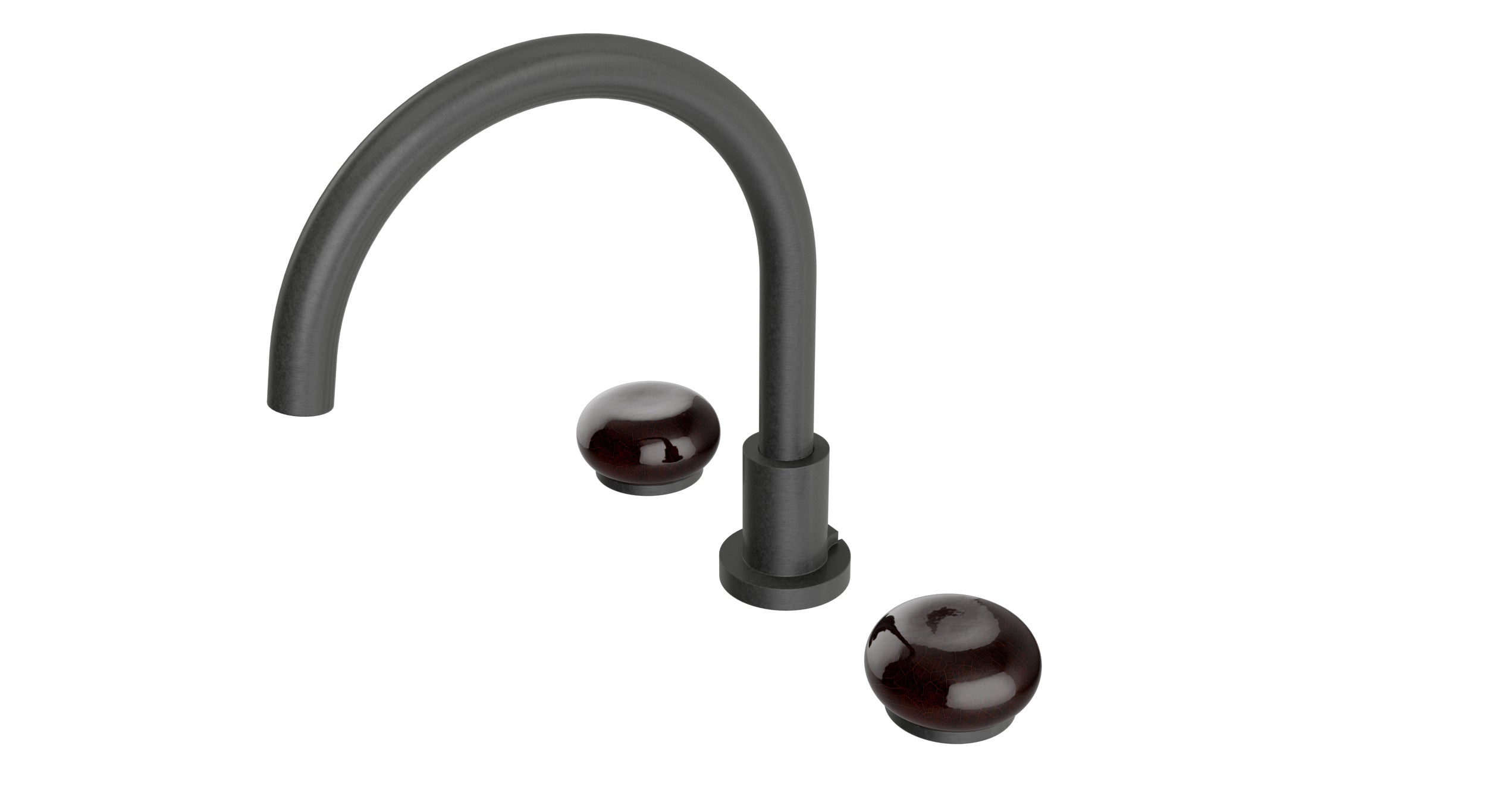 Foundry Two Handle Deck Mount Gooseneck Bath Trim with Pebble Ceramic Knob Handles in Blackened Nickel