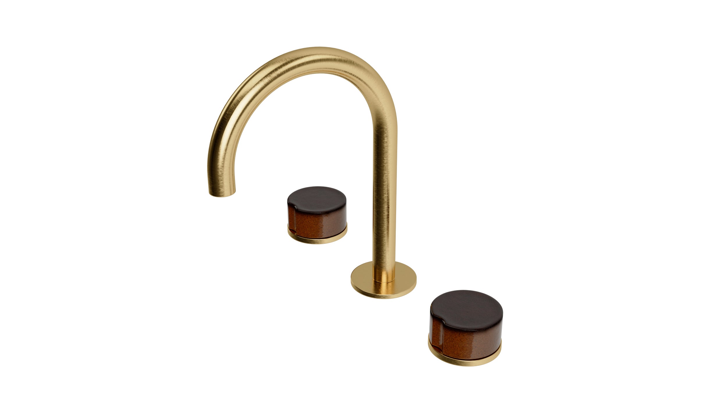 Foundry Two Handle Deck Mount Gooseneck Lavatory Faucet with Groove Ceramic Knob Handles in Satin Brass
