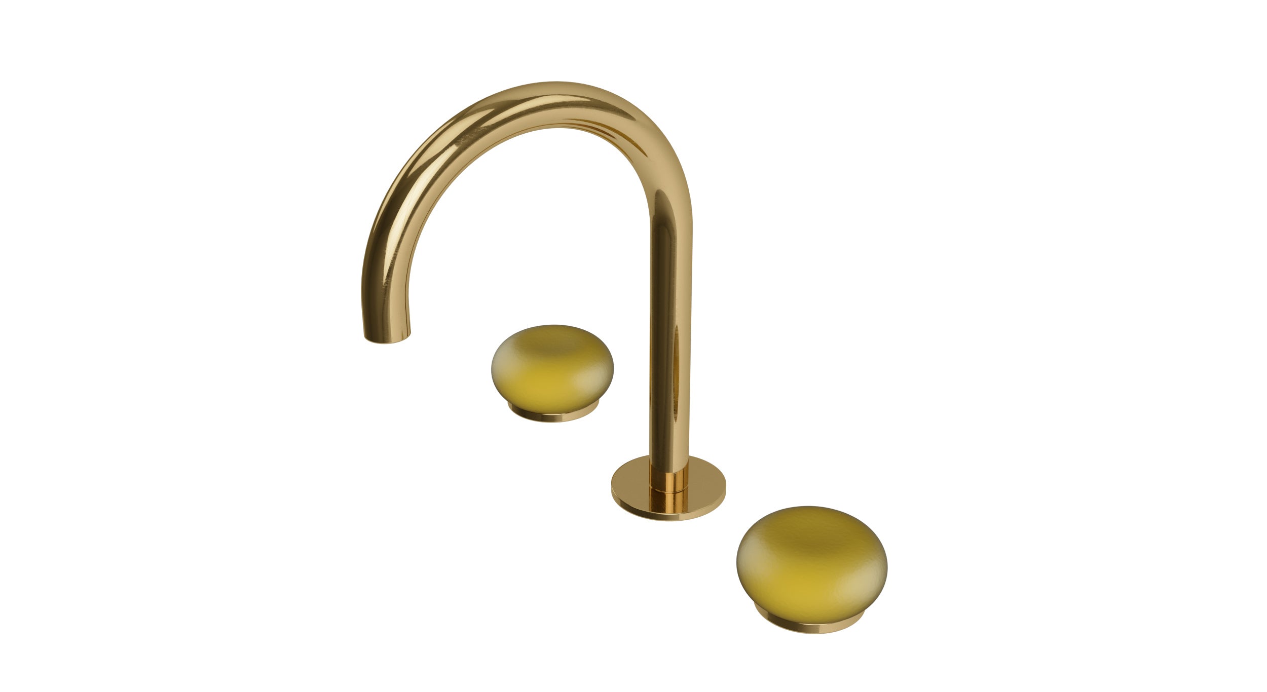 Foundry Two Handle Deck Mount Gooseneck Lavatory Faucet with Pebble Ceramic Knob Handles in Uncoated Polished Brass