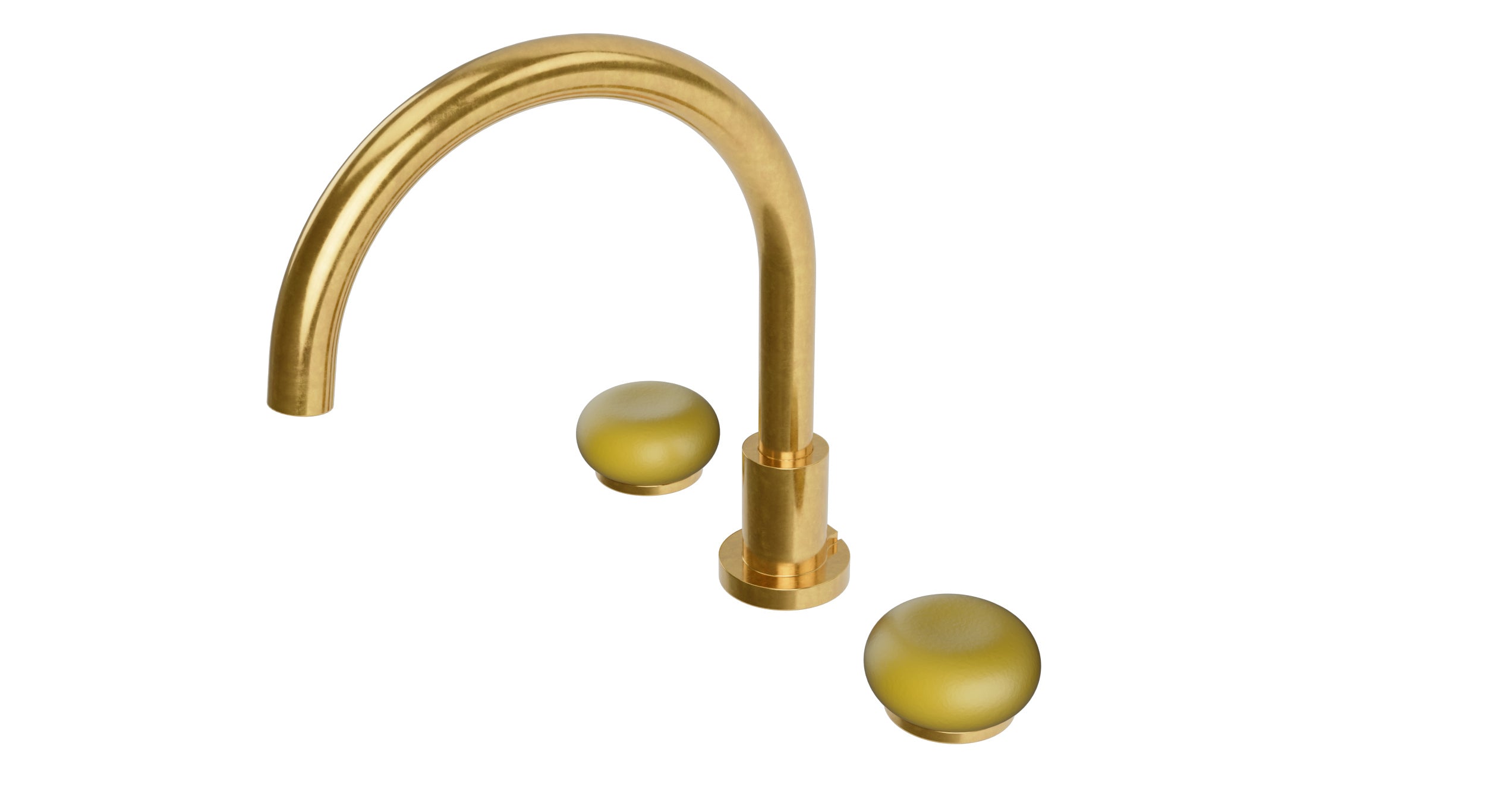 Foundry Two Handle Deck Mount Gooseneck Bath Trim with Pebble Ceramic Knob Handles in French Brass