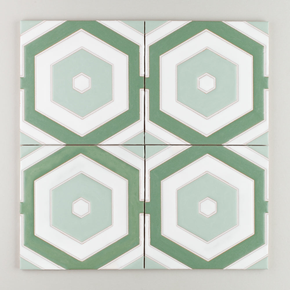 8x8 Handpainted Tile Tortoise Shell in Green Motif