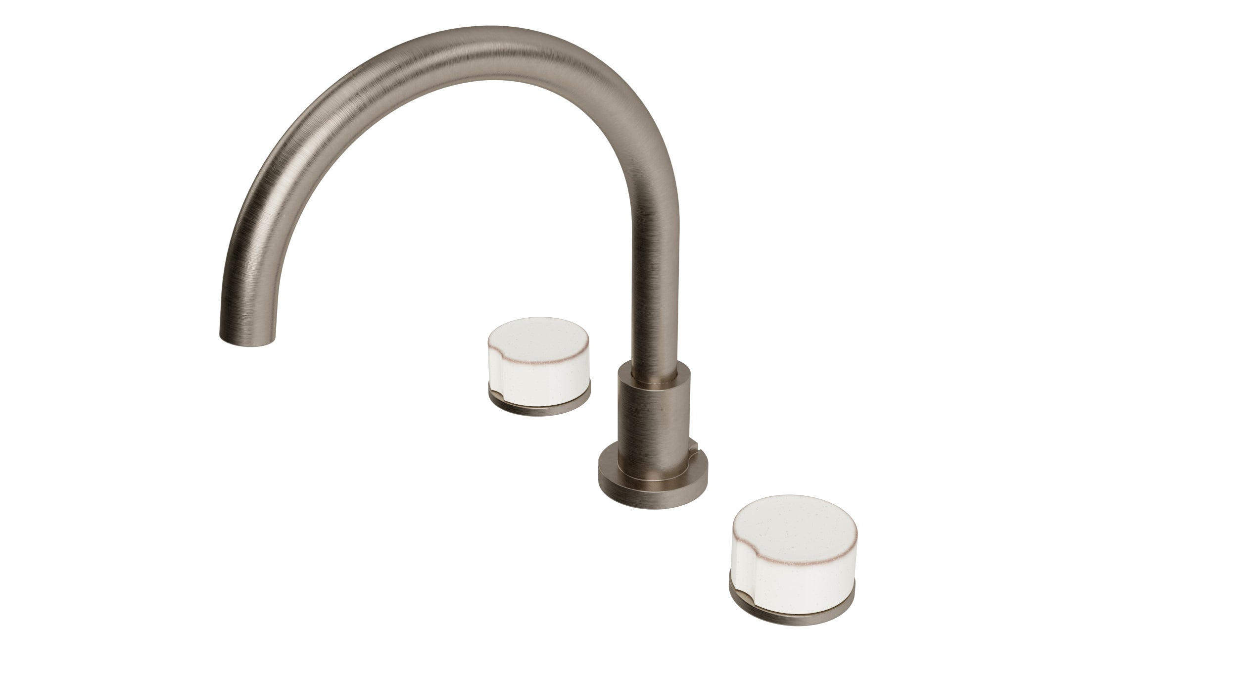 Foundry Two Handle Deck Mount Gooseneck Bath Trim with Groove Ceramic Knob Handles in Antique Nickel