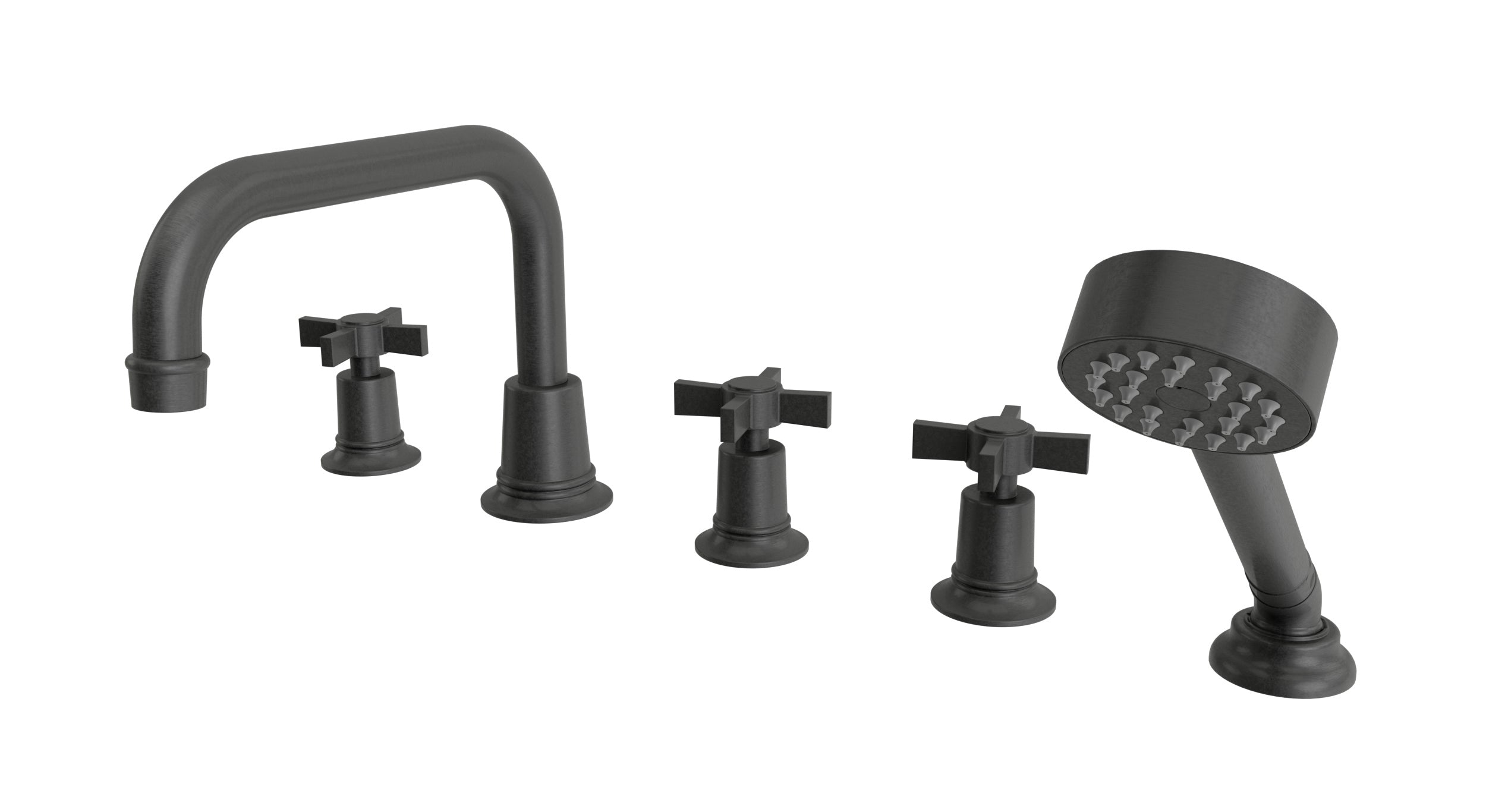 Emerson Three Handle Deck Mount Squaretop Bath Trim with Hand Shower and Defined Cross Handles in Blackened Nickel