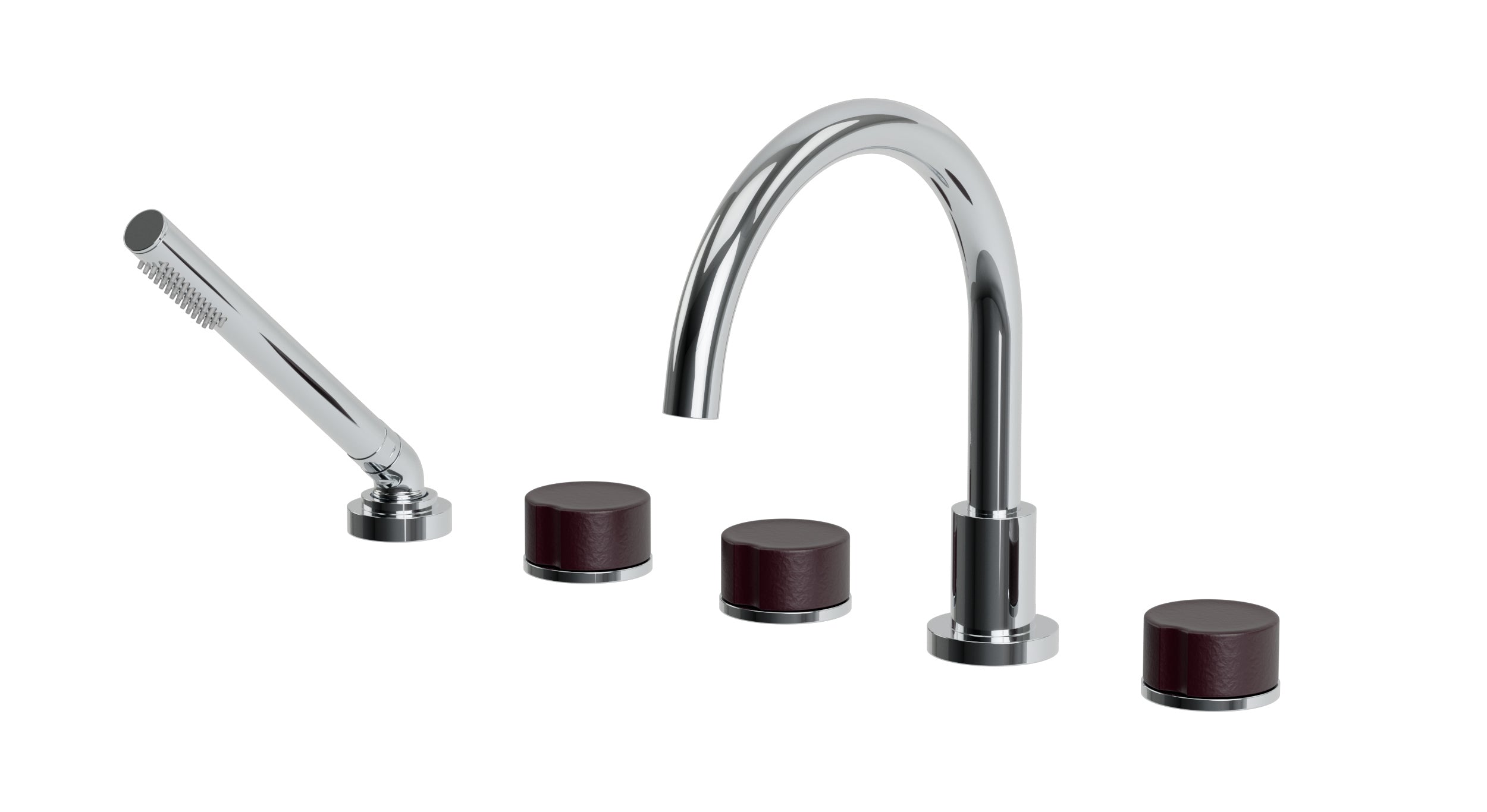 Foundry Three Handle Deck Mount Gooseneck Bath Trim with Hand Shower and Groove Ceramic Knob Handles in Polished Chrome