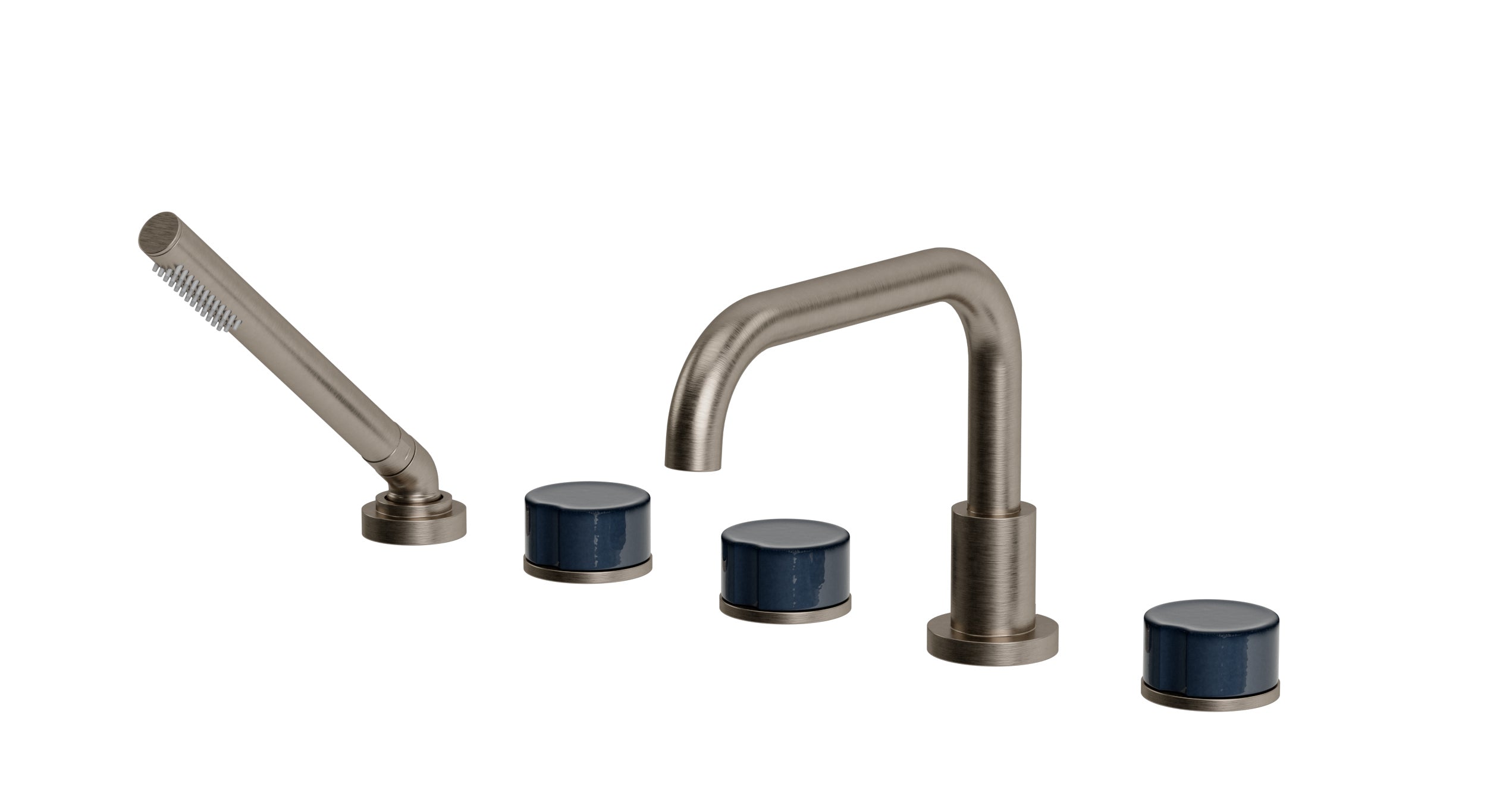 Foundry Three Handle Deck Mount Squaretop Bath Trim with Hand Shower and Groove Ceramic Knob Handles in Antique Nickel