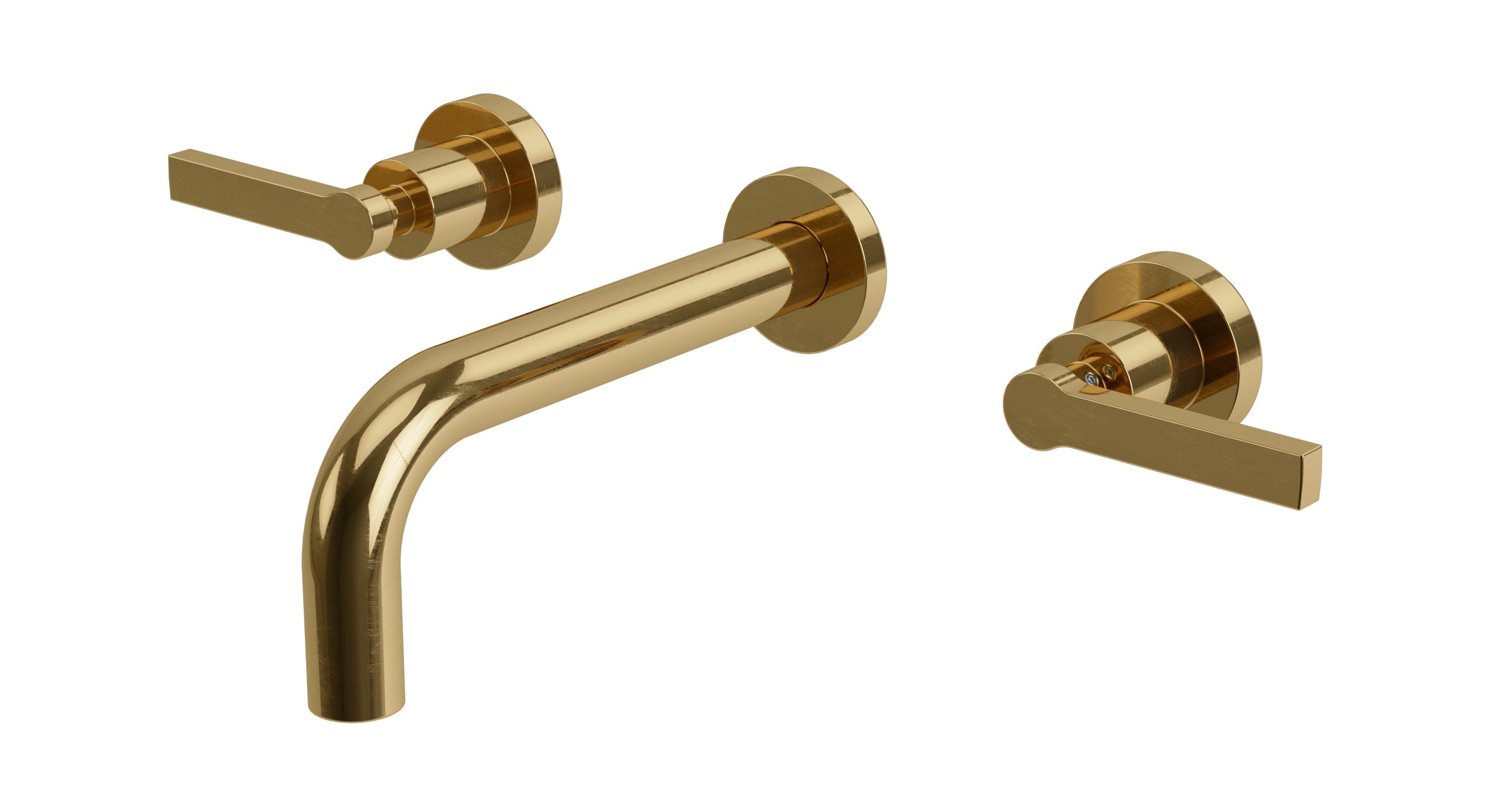 Flatiron Two Handle Wall Mount 7.5" Lavatory Faucet with Linear Lever Handles in Uncoated Polished Brass
