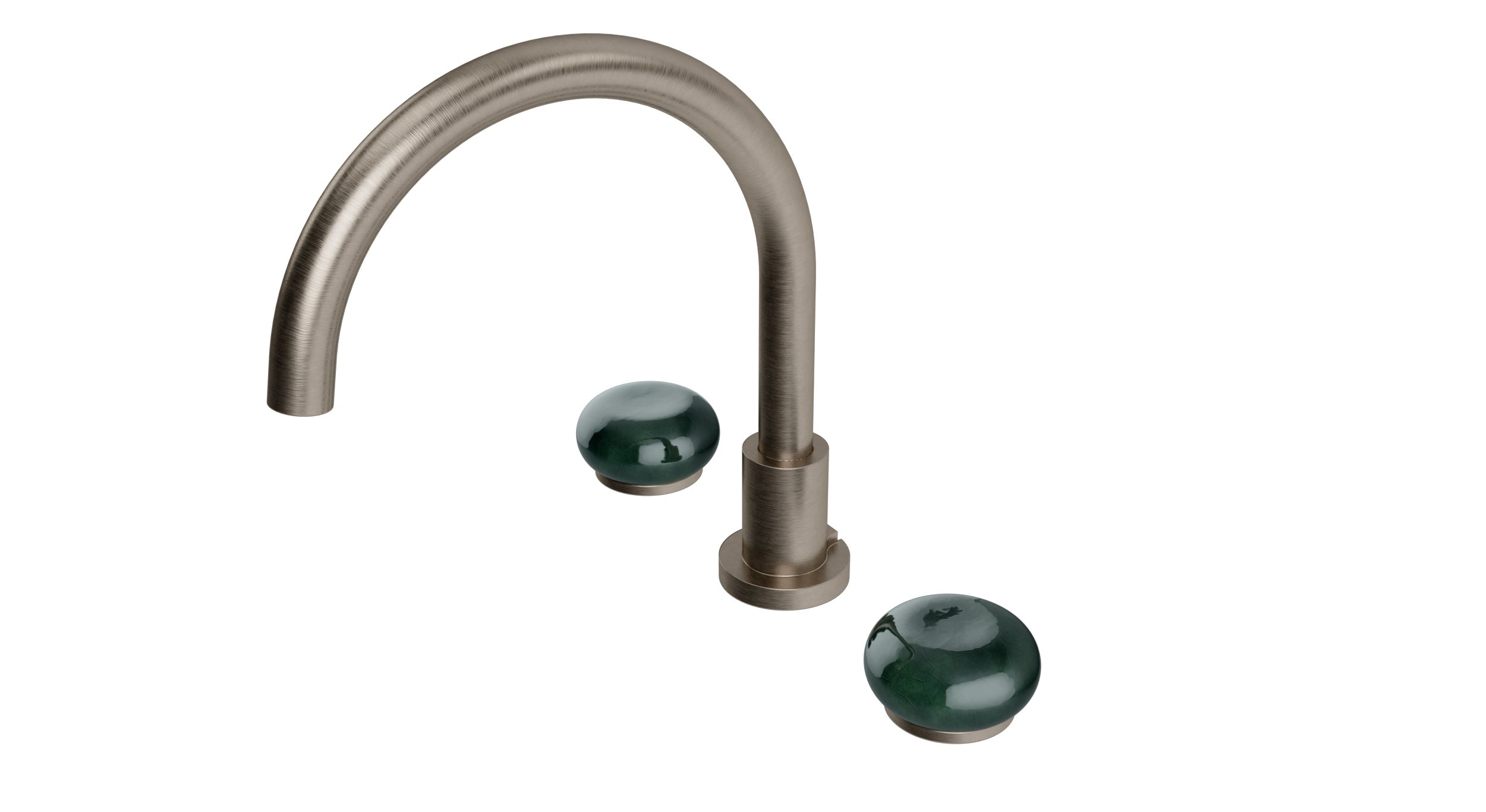 Foundry Two Handle Deck Mount Gooseneck Bath Trim with Pebble Ceramic Knob Handles in Antique Nickel