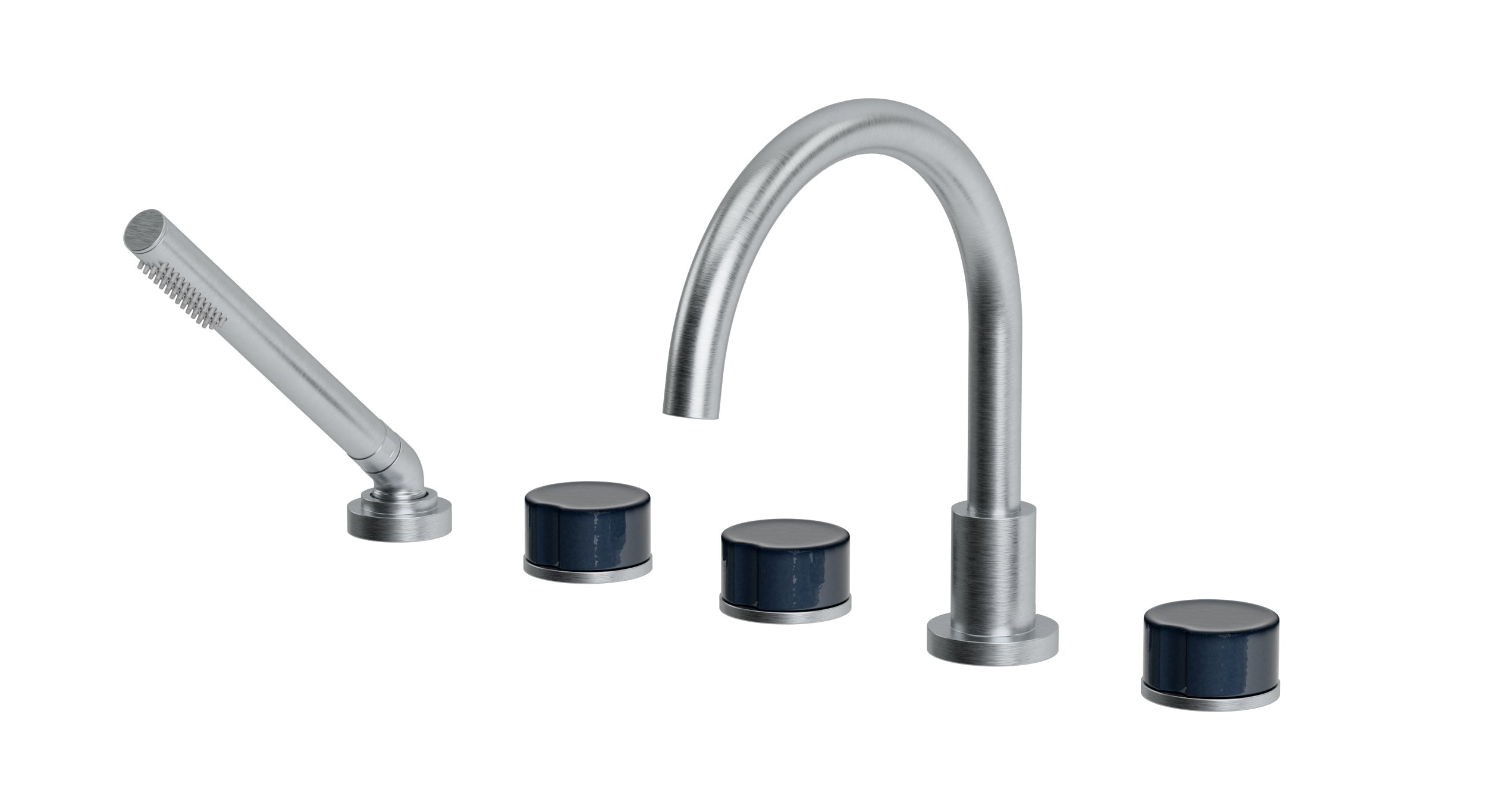 Foundry Three Handle Deck Mount Gooseneck Bath Trim with Hand Shower and Groove Ceramic Knob Handles in Satin Chrome