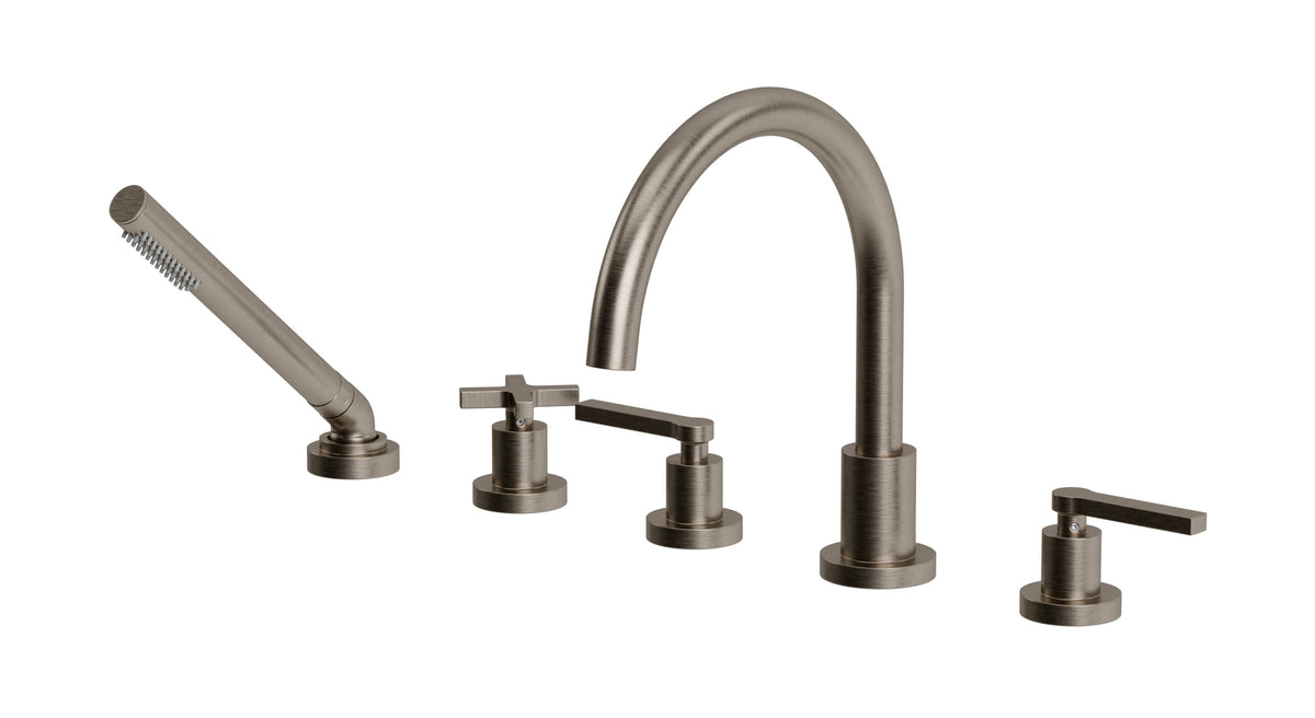 Flatiron Three Handle Deck Mount Gooseneck Bath Trim with Hand Shower and Linear Cross/Linear Lever Handles in Antique Nickel