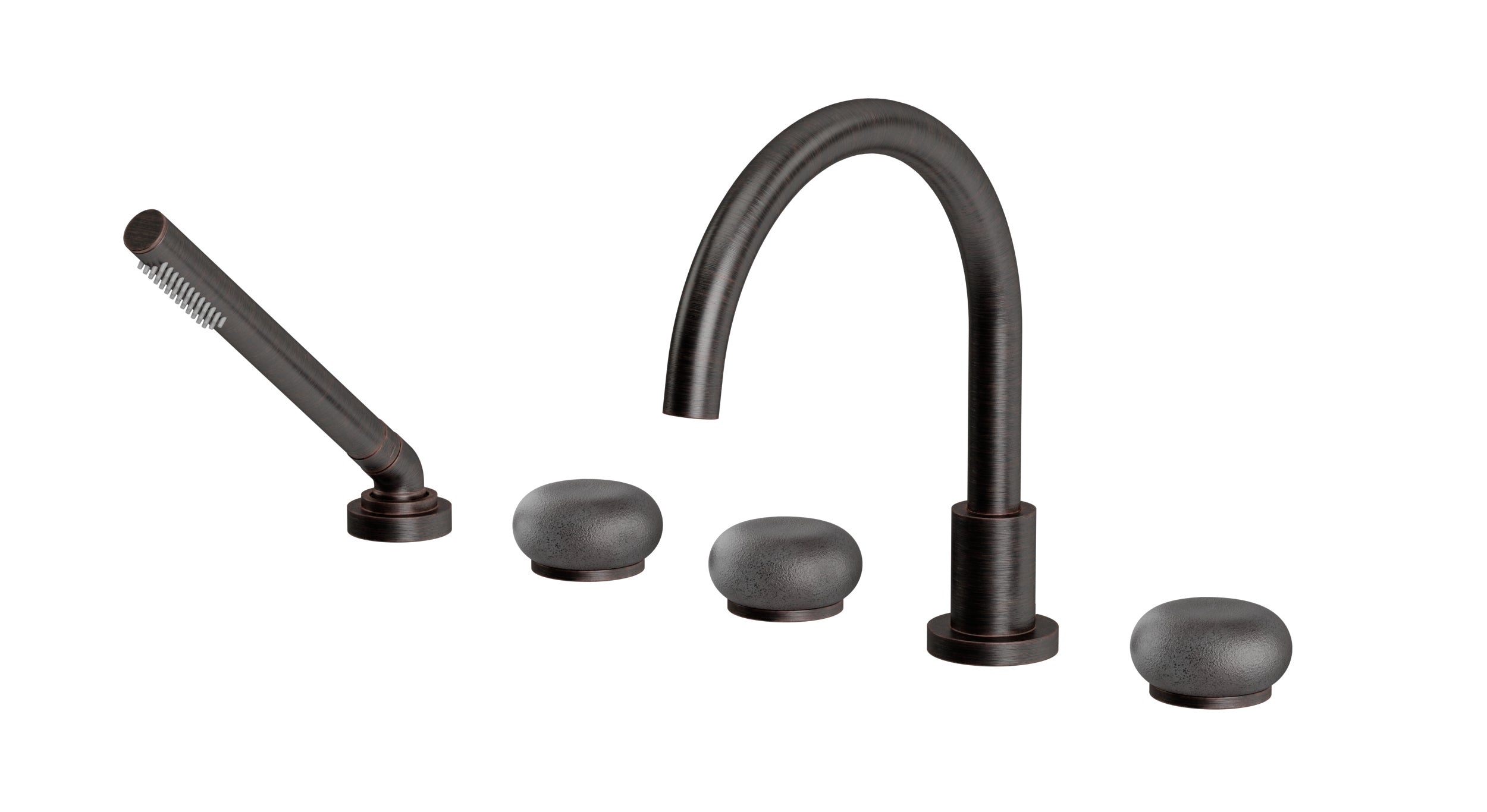 Foundry Three Handle Deck Mount Gooseneck Bath Trim with Hand Shower and Pebble Ceramic Knob Handles in Antique Bronze