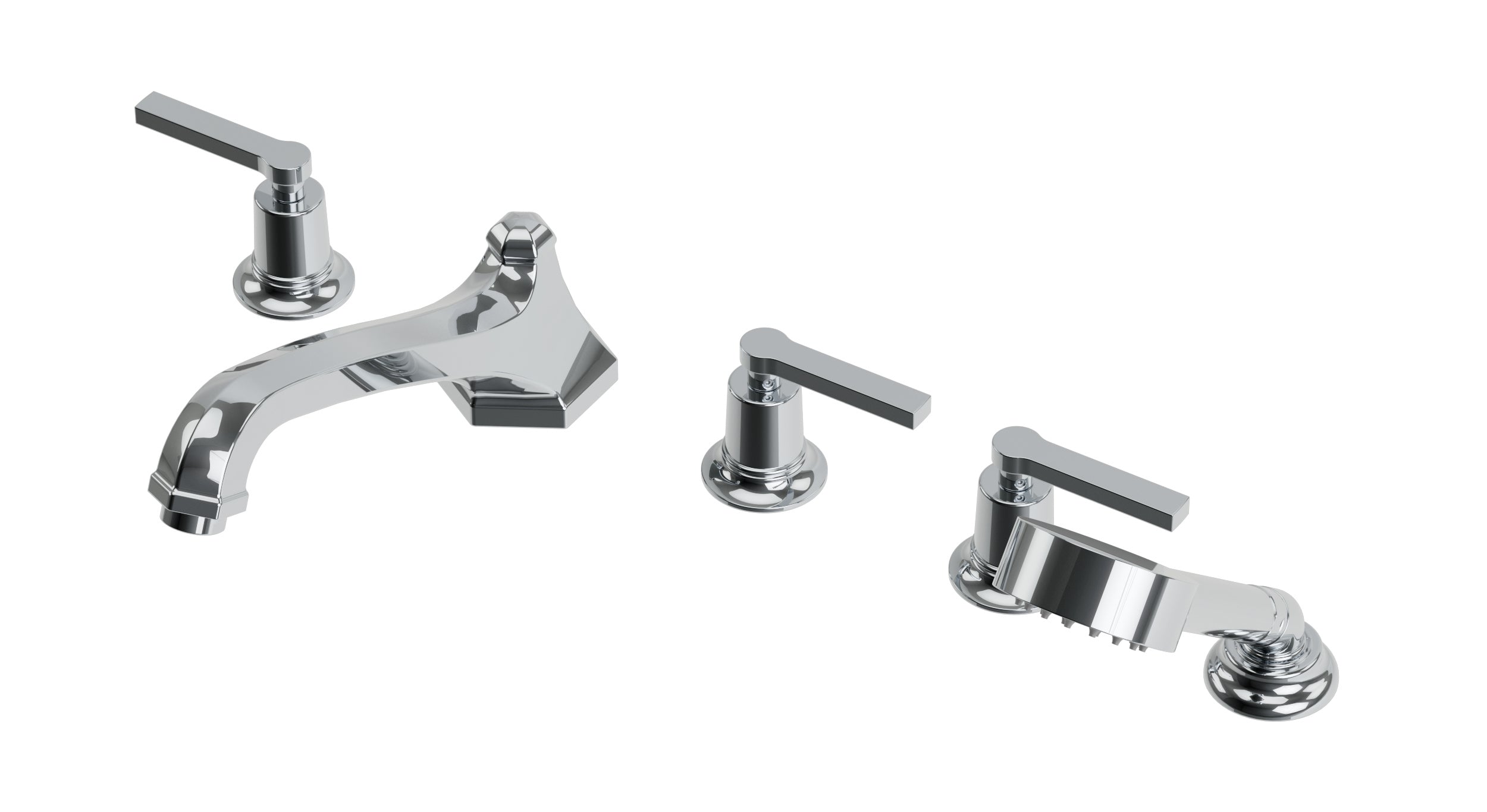 Emerson Three Handle Deck Mount Low Hexagon Bath Trim with Hand Shower and Classic Lever Handles